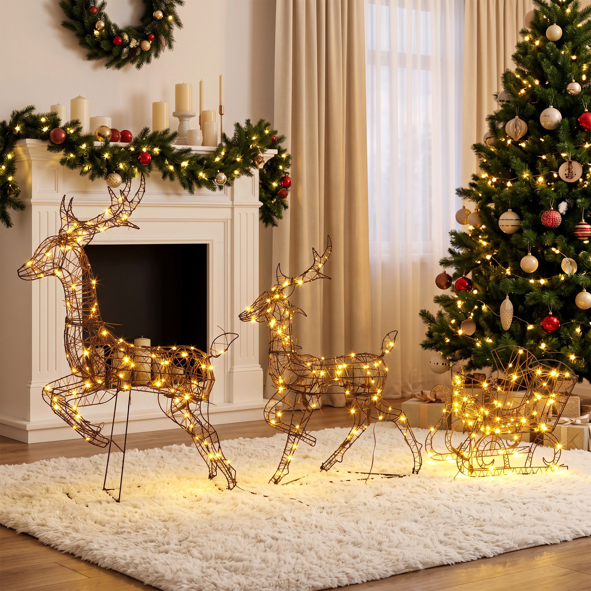 3-tlg. beleuchtetes Rentier- und Schlitten-Set, Weihnachtsdeko aus Polyrattan mit LEDs, 8 Modi, Timer