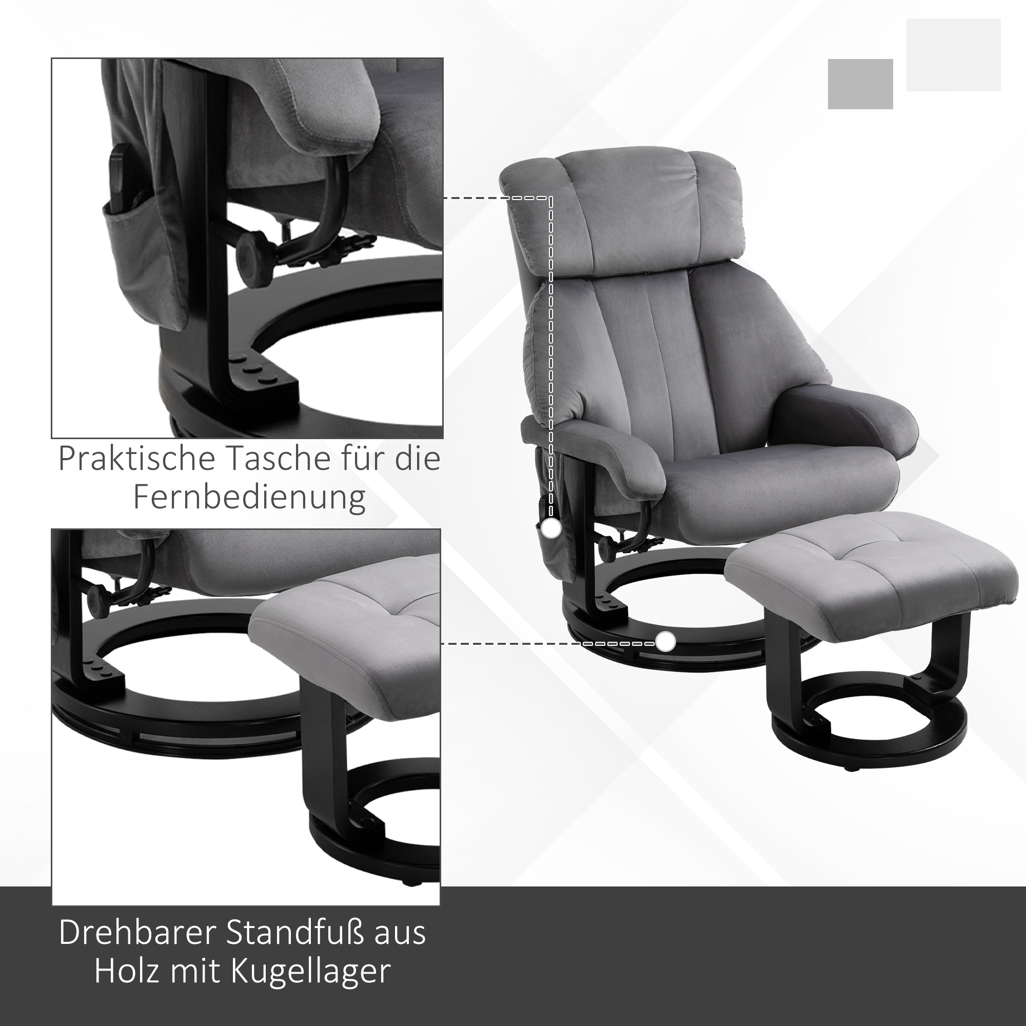 Relaxsessel mit Hocker, Drehbarer Fernsehsessel mit Schwingmassage, Liegefunktion, Massagesessel mit Seitentasche, Liegesessel mit Samtoptik für Wohnzimmer Grau