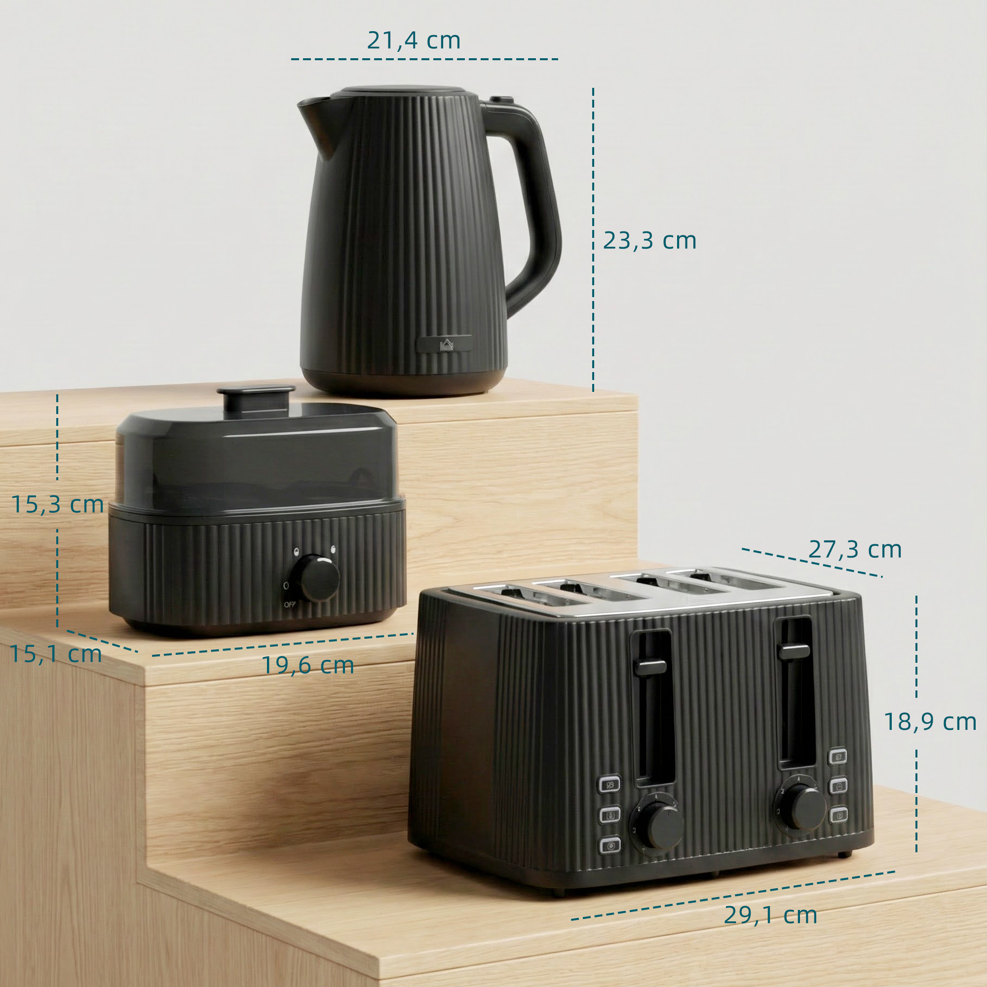 1,7L Schnellkoch-Wasserkocher und 4-Scheiben-Toaster-Set, Eierkocher für 6 Eier mit Kontrollleuchte Schwarz