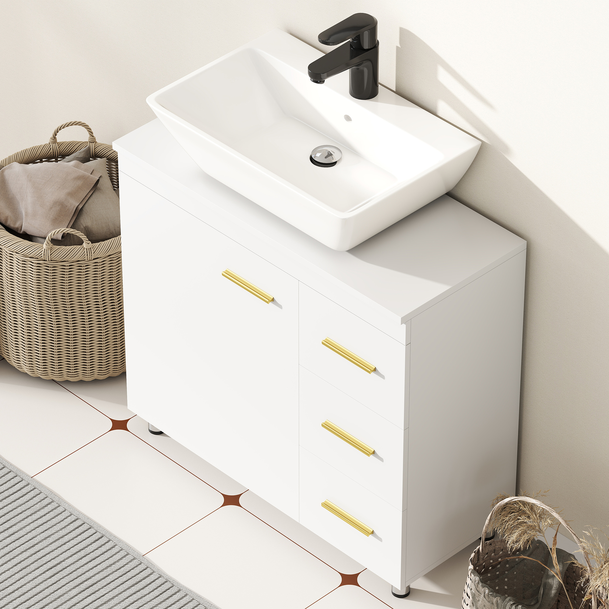 Badezimmer-Unterschrank, 3-stufiges Design, MDF, Spanplatte, Weiß