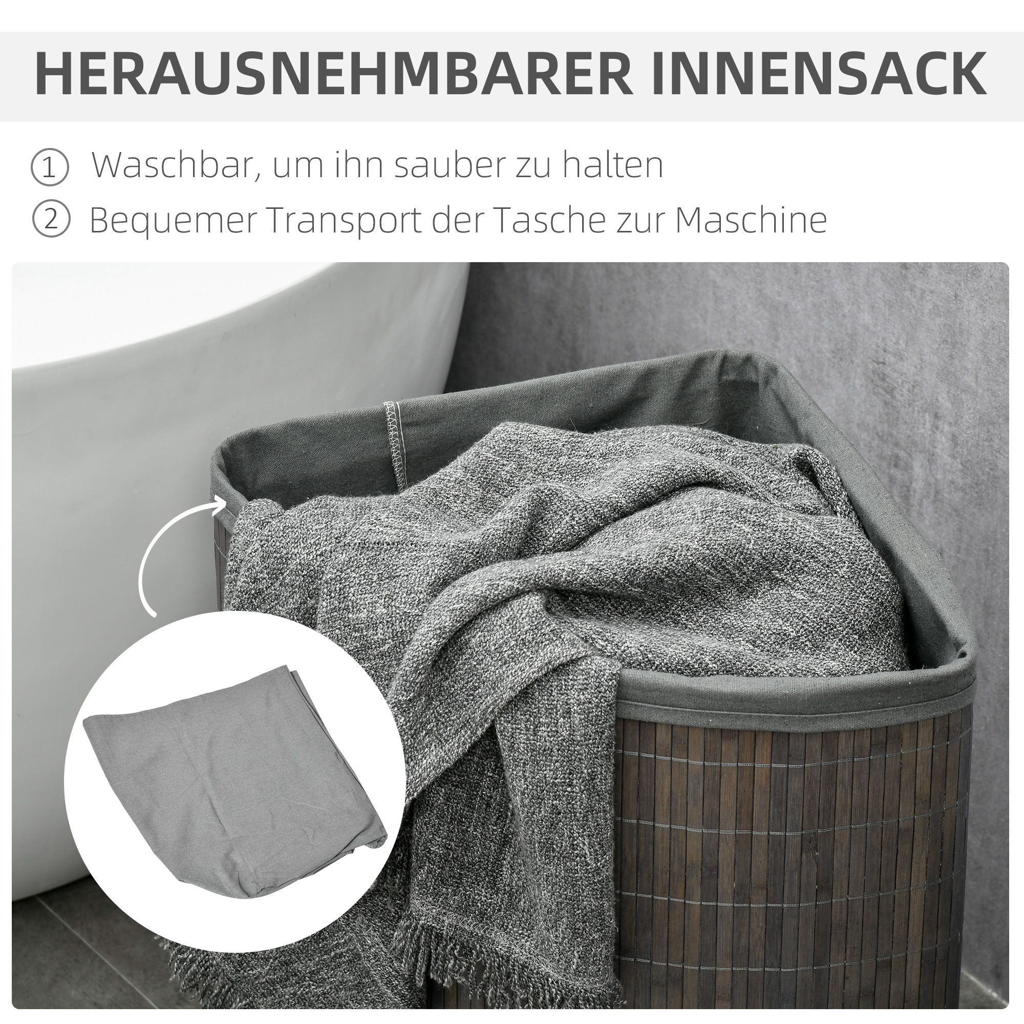 55 L Wäschekorb mit Deckel, Griff, Wäschesortierer mit herausnehmbarem Wäschesack für Badezimmer, Bambus, Grau