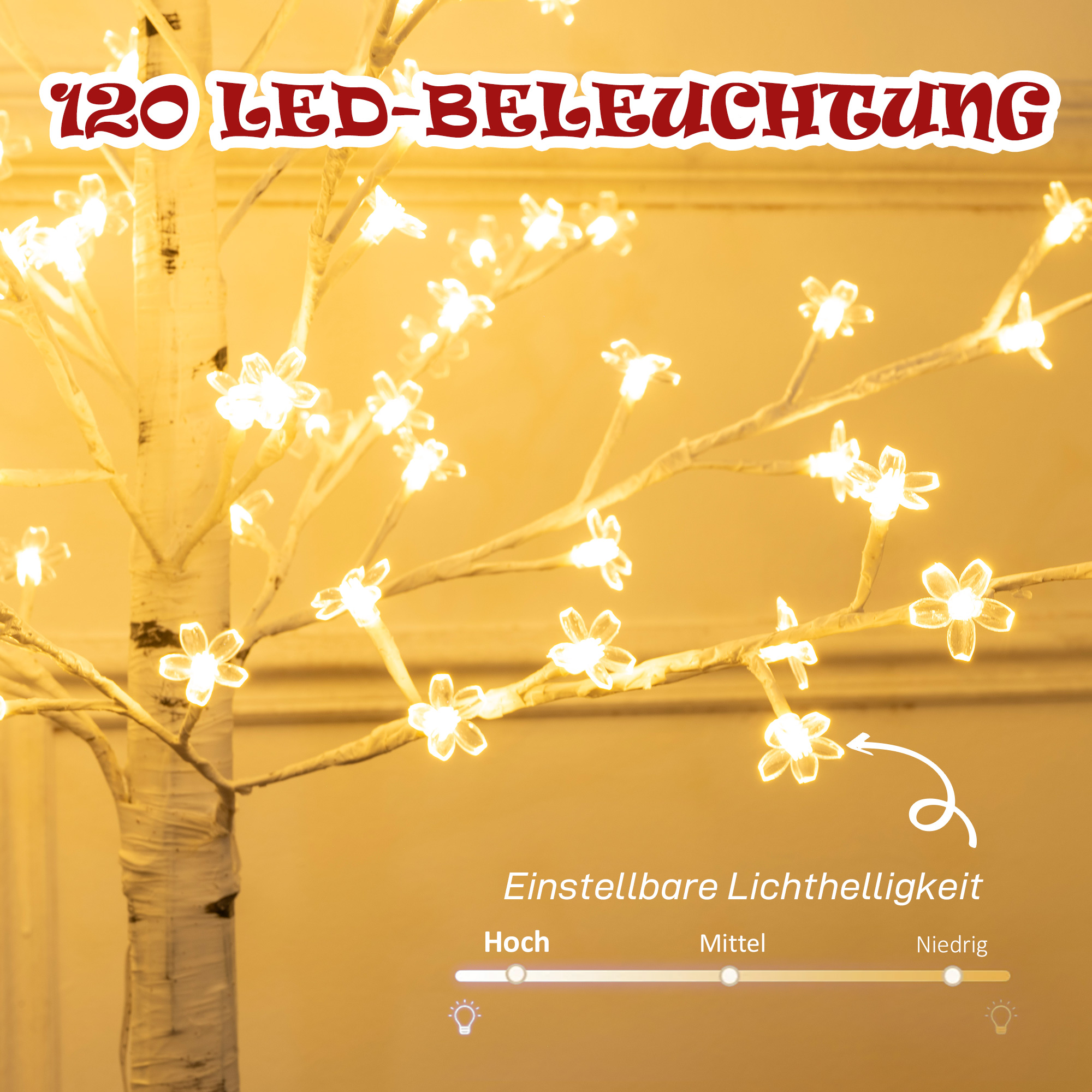 Kunstbaum, Kunst Kirschblütenbaum, mit 120 LEDs, 3 Helligkeitsstufen, warmweiß, realistische Rinde, 21 x 21 x 150 cm