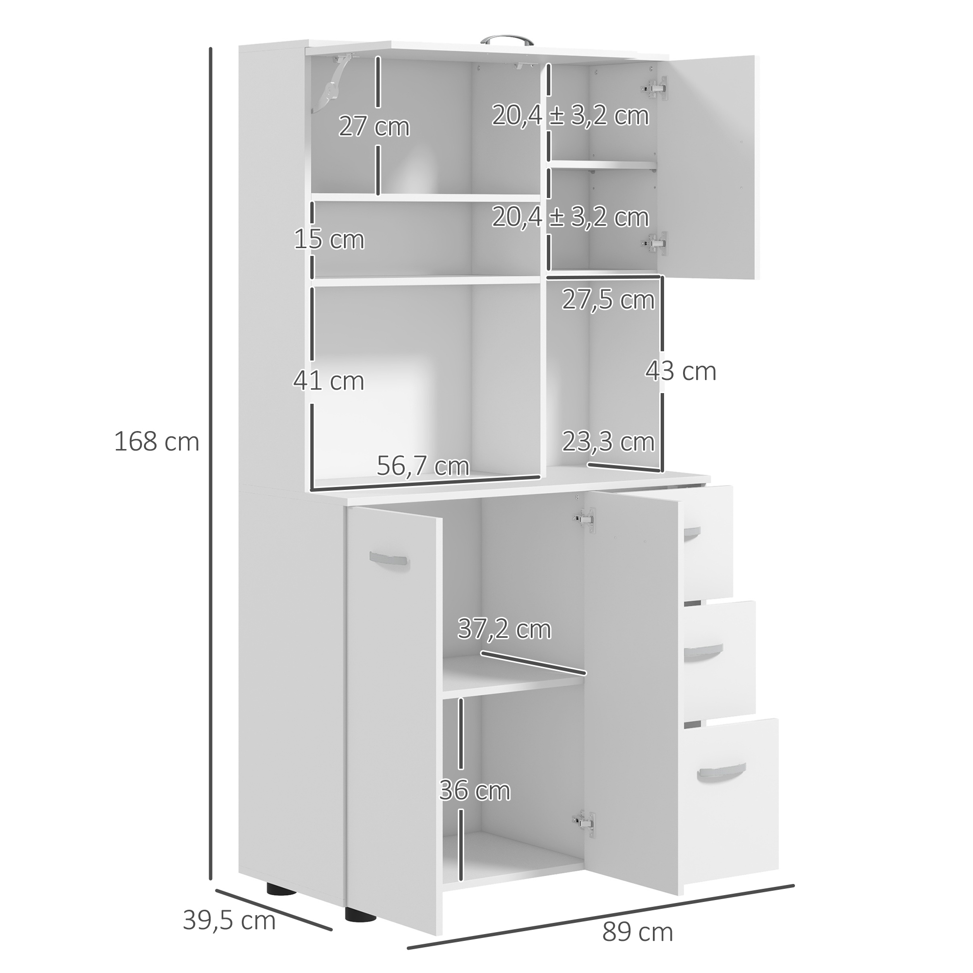 Küchenschrank, Buffet, 3 Schubladen, 3 Regale, viel Stauraum, 89x39,5x168cm, Weiß