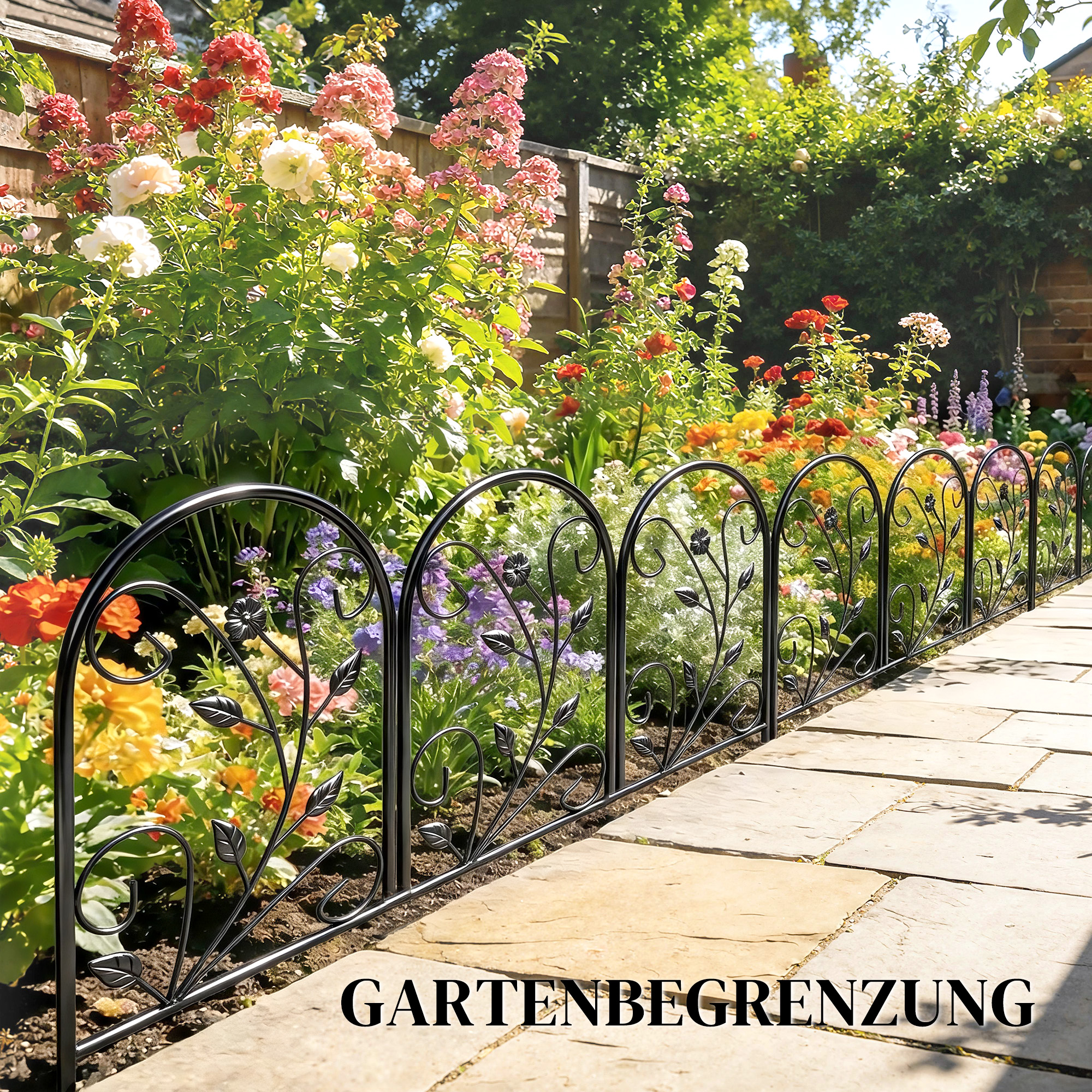 Gartenzaun Zaun aus Metall 80 x 60 cm Dekorativer Gitterzaun Set mit Fuß für Garten Blumenbeete Tierbarriere Schwarz