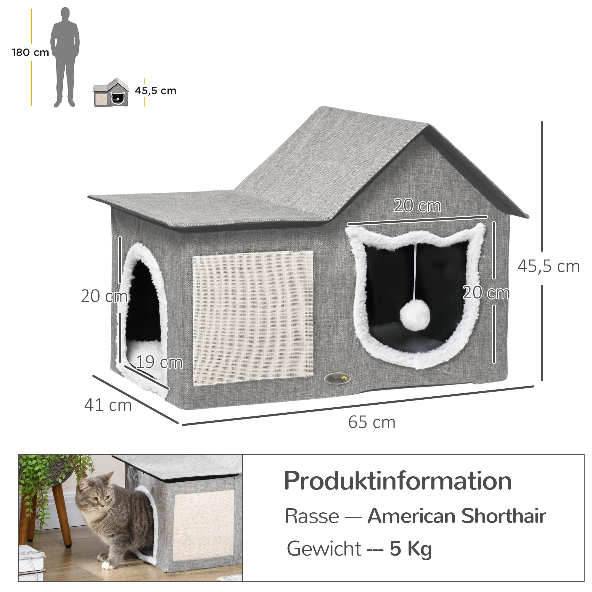 Katzenhaus mit Kratzfläche, inkl, Spielball, Katzenhöhle, 65 cm  x 41 cm x 45,5H cm, Braun + Weiß + Beige