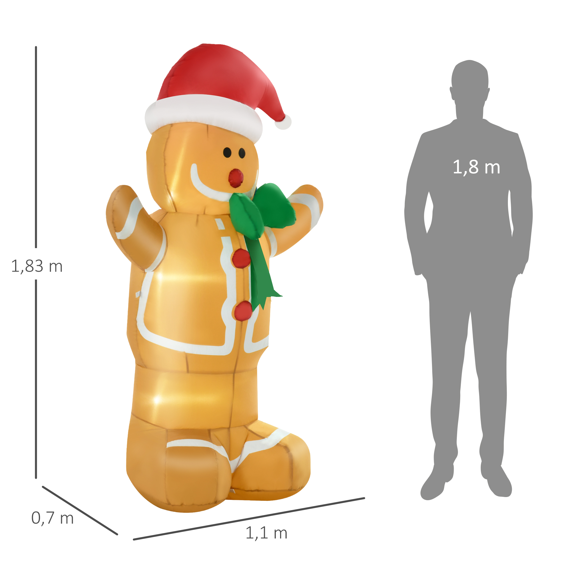 Aufblasbare Weihnachtsdeko 1,83 m Lebkuchenmann mit Schleife, 3 LEDs, internes Gebläse Gartendeko