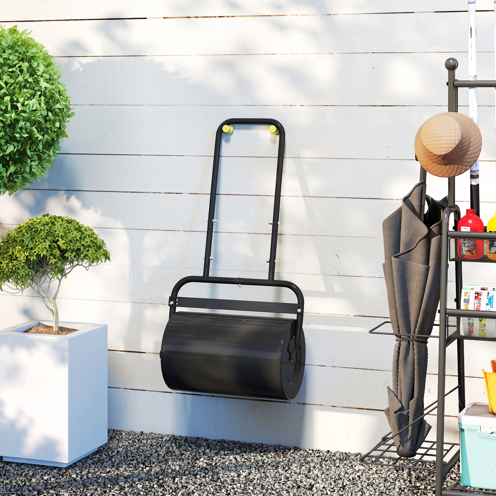 Outsunny Rasenwalze mit U-Griff, Gartenwalze, Gartenrolle, 32 cm Durchmesser, 38 L Wasser-/62 kg Sand, Metall, Schwarz, 58 x 32,5 x 113 cm