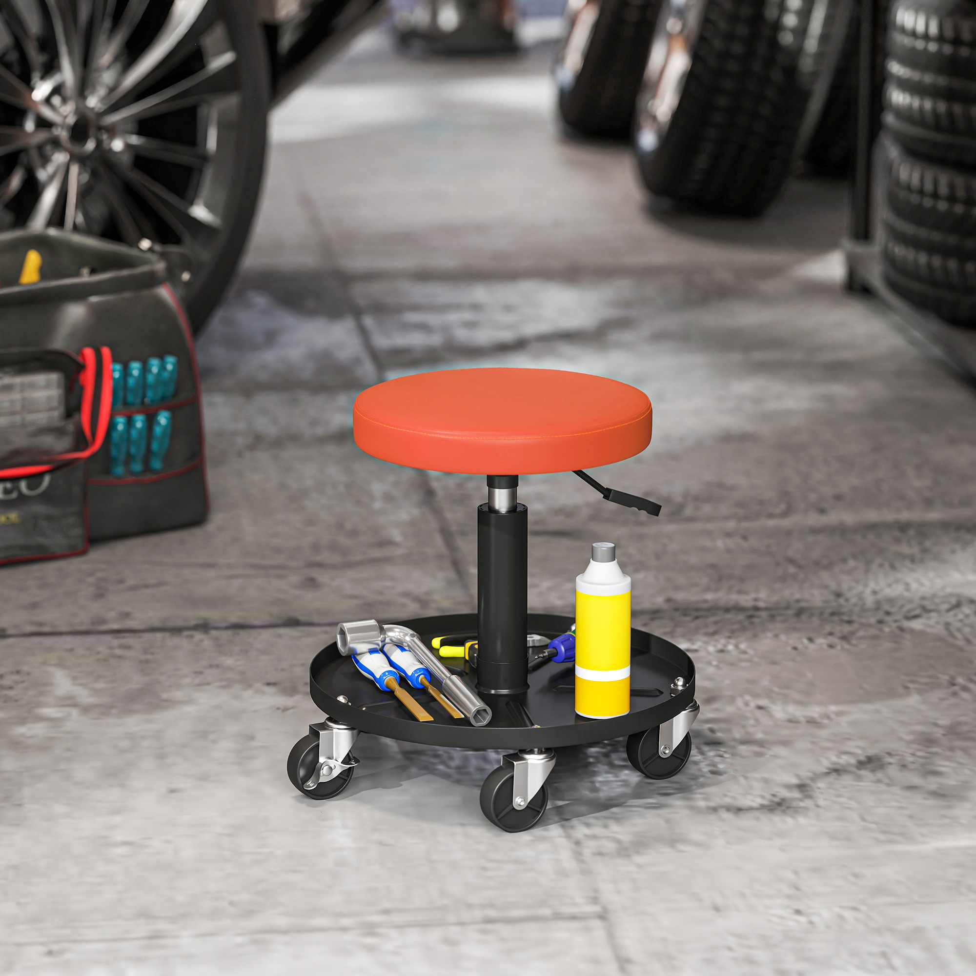 Werkstatthocker mit Rollen Ablagefläche höhenverstellbar 38-50cm bis 135 kg belastbar Orange