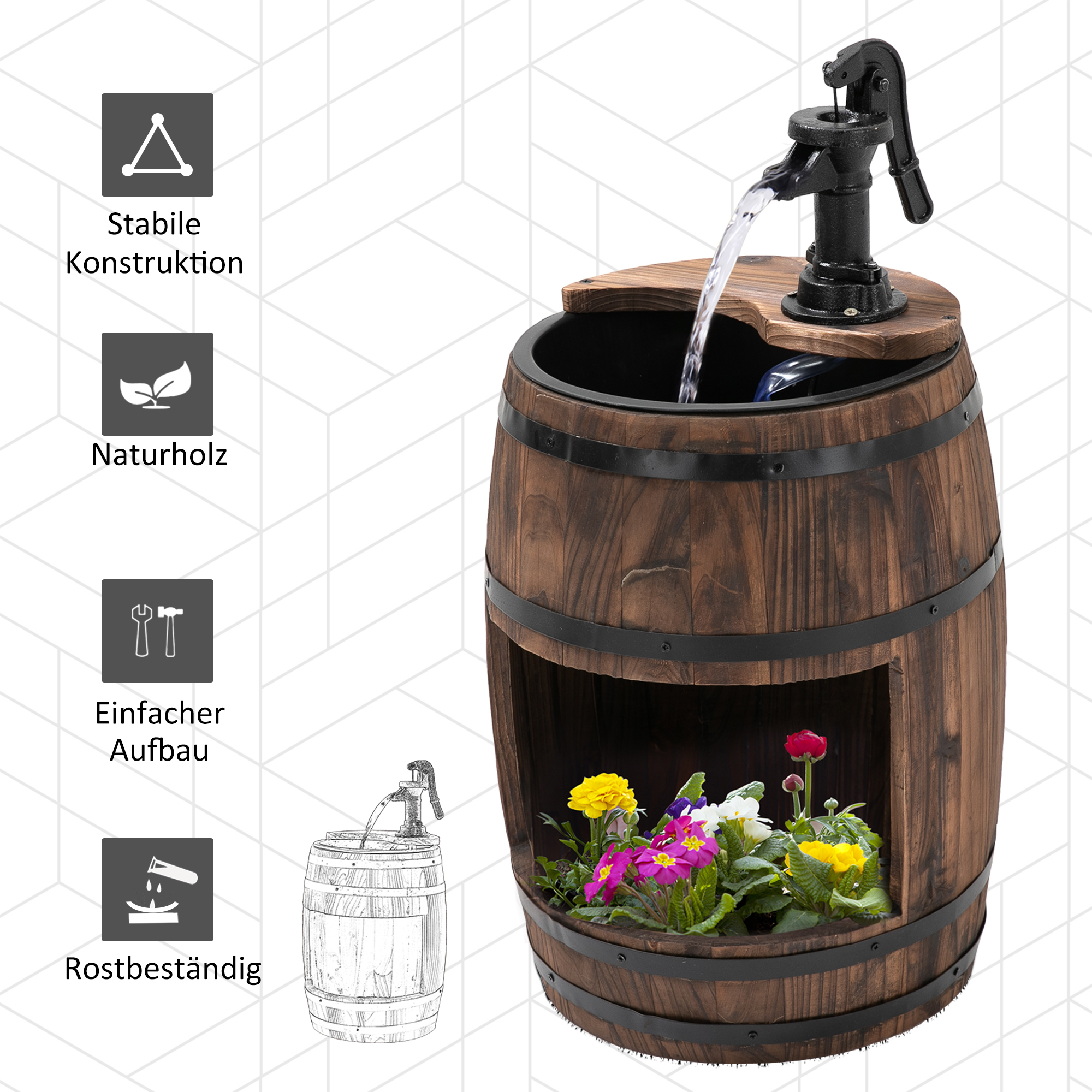 Gartenbrunnen Zierbrunnen Springbrunnen Fassbrunnen Wasserfall Holzfass mit Pflanzgefäß Tannenholz Dunkelbraun Ø27 x 59 cm