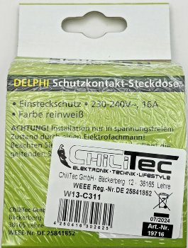 DELPHI Schutzkontakt-Steckdose, 250V~/ 16A, inkl. Rahmen, UP, weiß