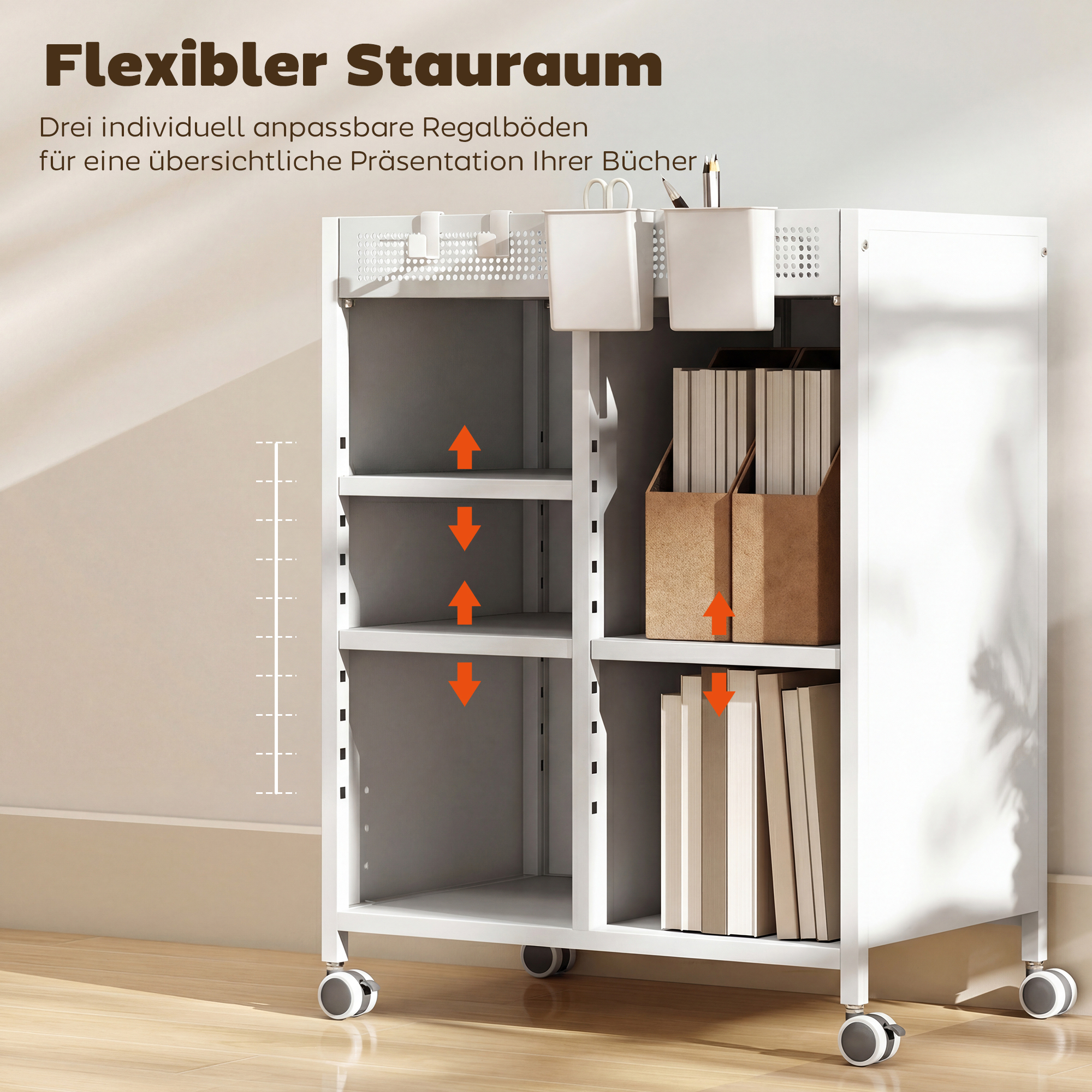 Bücherregal auf Rollen, 4-stufig, verstellbare Regalböden & Hängekörbe für Home Office und Wohnzimmer, Weiß