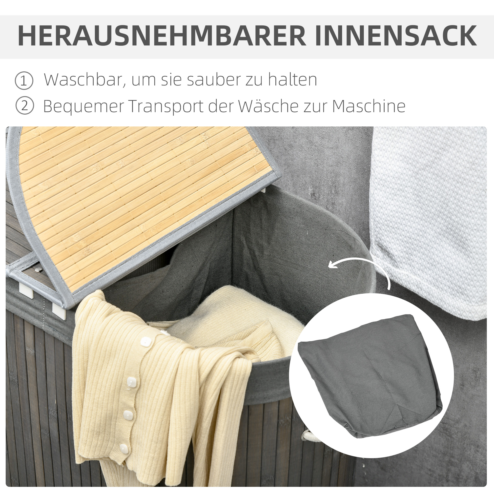 100 L Wäschekorb mit Deckel, Griff, 2 Abschnitte, herausnehmbarer Wäschesack, für Schlafzimmer, Badezimmer, Bambus, Grau