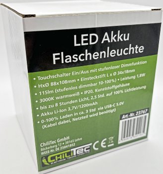 LED Akku Flaschenleuchte, warmweiß, USB-C, ØxH 10x12cm