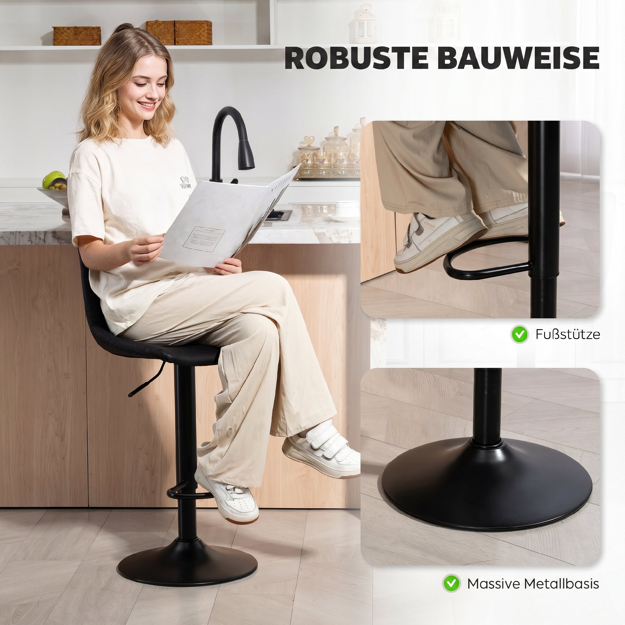 2er-Set Barhocker im Retrodesign, inkl. Fußstütze, höhenverstellbar, Gaslift, Schwarz