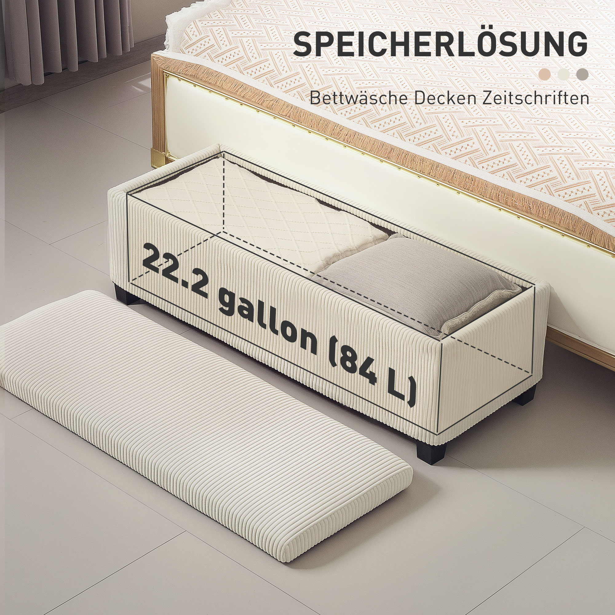 Sitzbank mit Stauraum, Aufbewahrungsbank, Cord-Design, Stahlrahmen, Beige