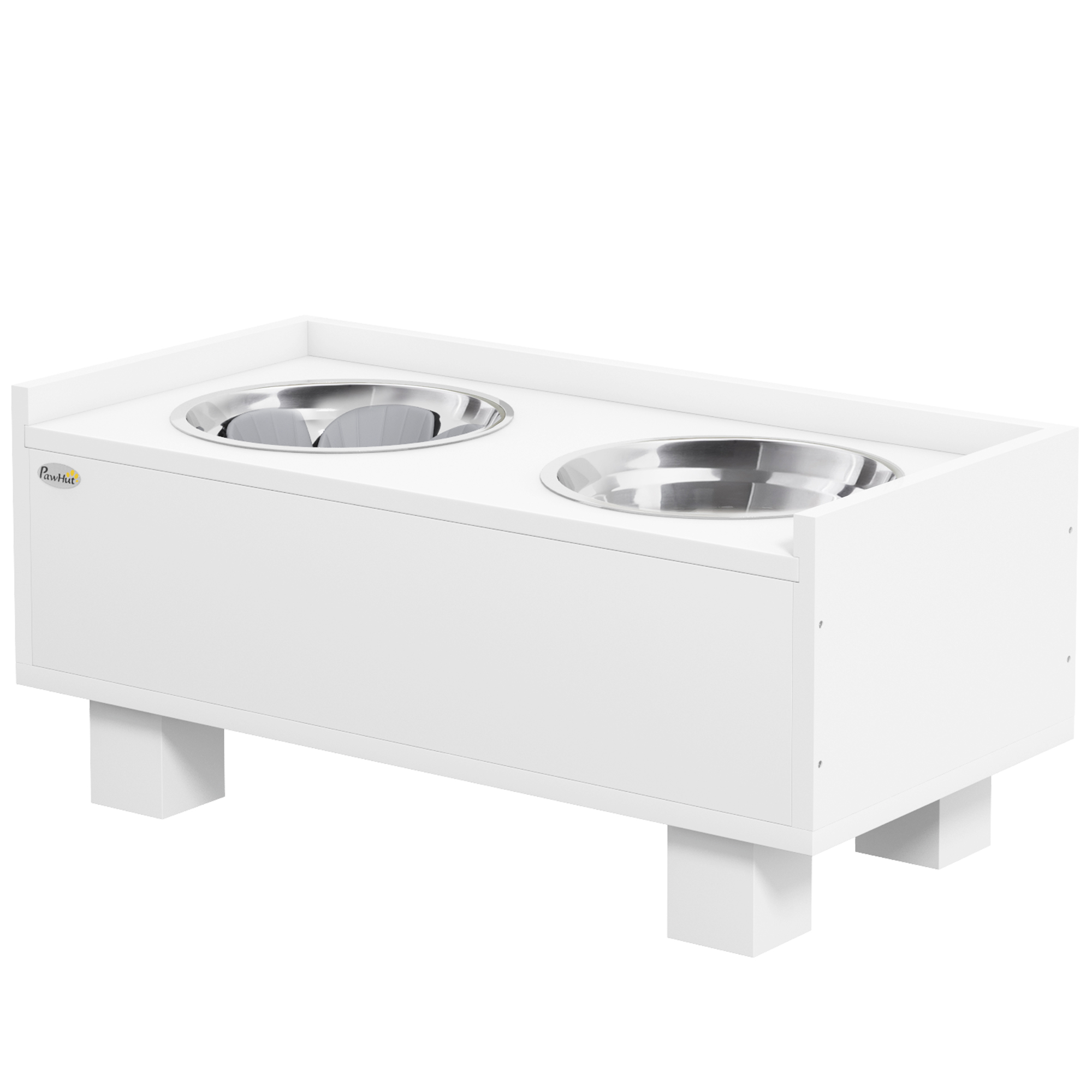 Erhöhte Fütterungsstation für Hunde, mit abnehmbarer Slow-Feeder-Matte, 2 Aluminiumschüsseln, Stauraum, Weiß