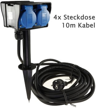 Gartensteckdose mit Erdspieß, 4-fach / IP44, 10m Kabel