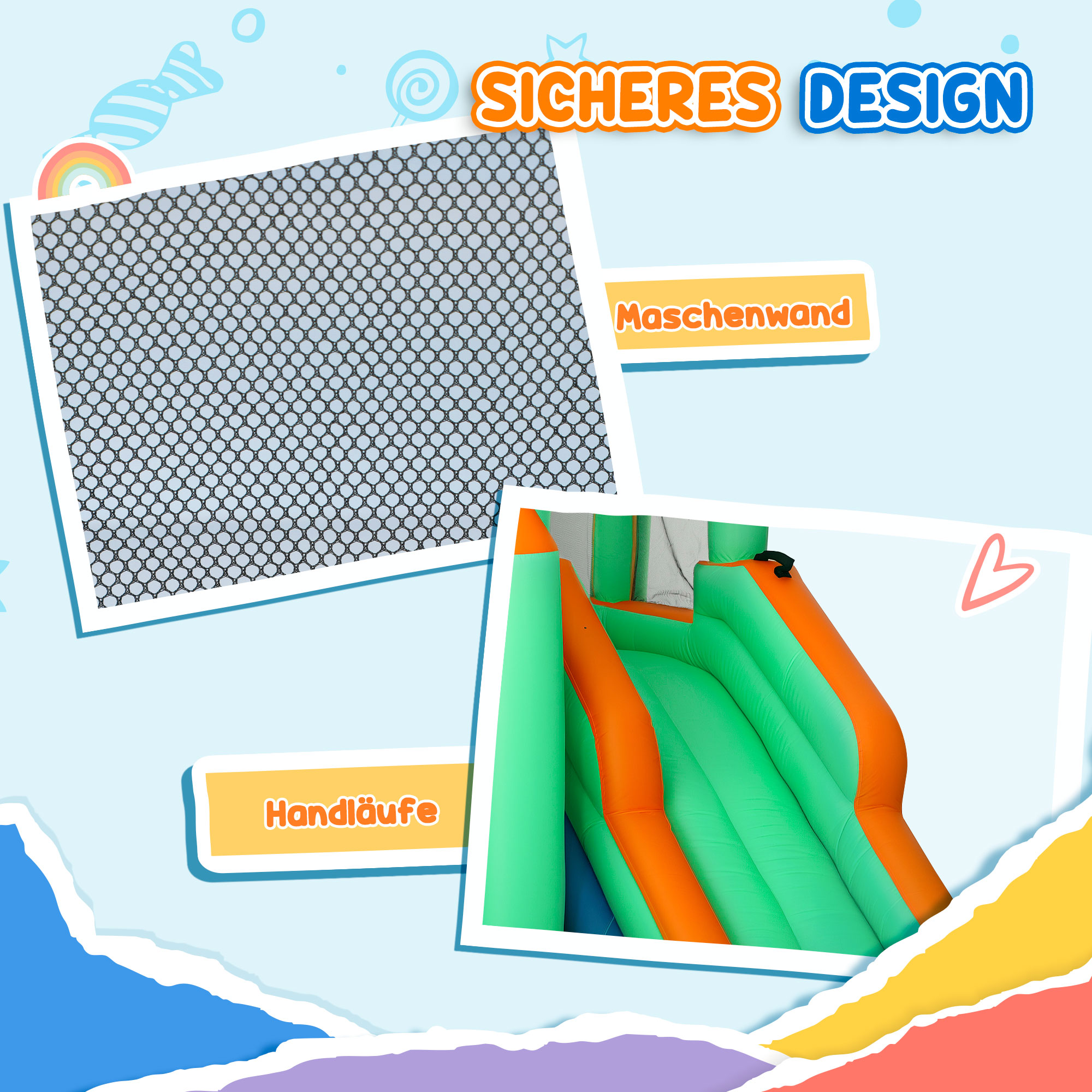 Hüpfburg für Kinder, mit Wasserrutsche, Planschbecken, Kletterwand, für drinnen und draußen, 360 x 315 x 195 cm, Bunt