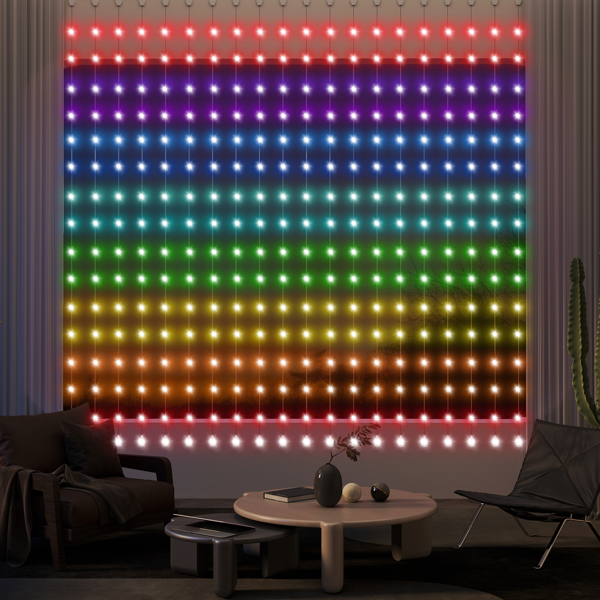 Vorhang mit 400 LED-Lichtern, Dynamische Lichterketten mit Musiksynchronisation für Schlafzimmer, Wohnzimmer, 3 x 3 m