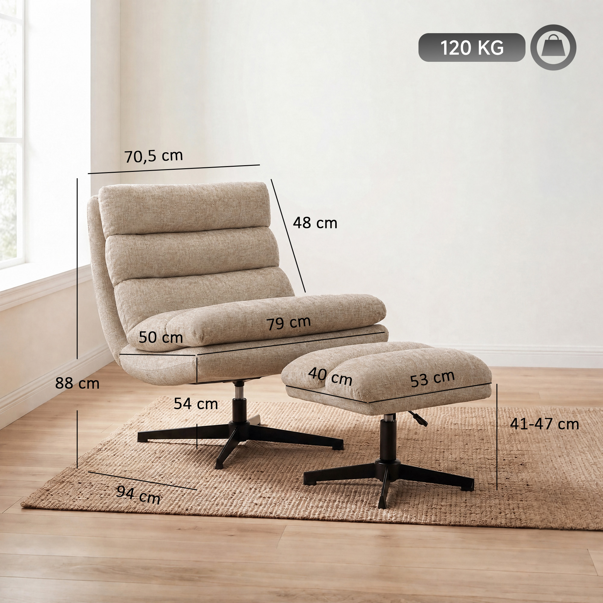 Loungesessel mit Fußhocker, drehbarer Chenille-Sessel mit höhenverstellbarem Fußhocker, dicker Polsterung und breiter Sitzfläche, Braun