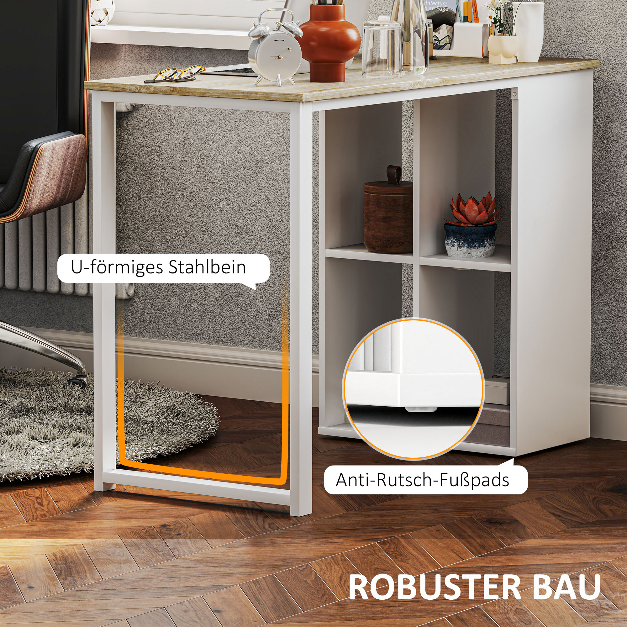 Kompakter Computertisch, Moderner Schreibtisch mit Stauraum-Fächern, für kleine Räume, 100 x 54 x 75 cm, Weiß