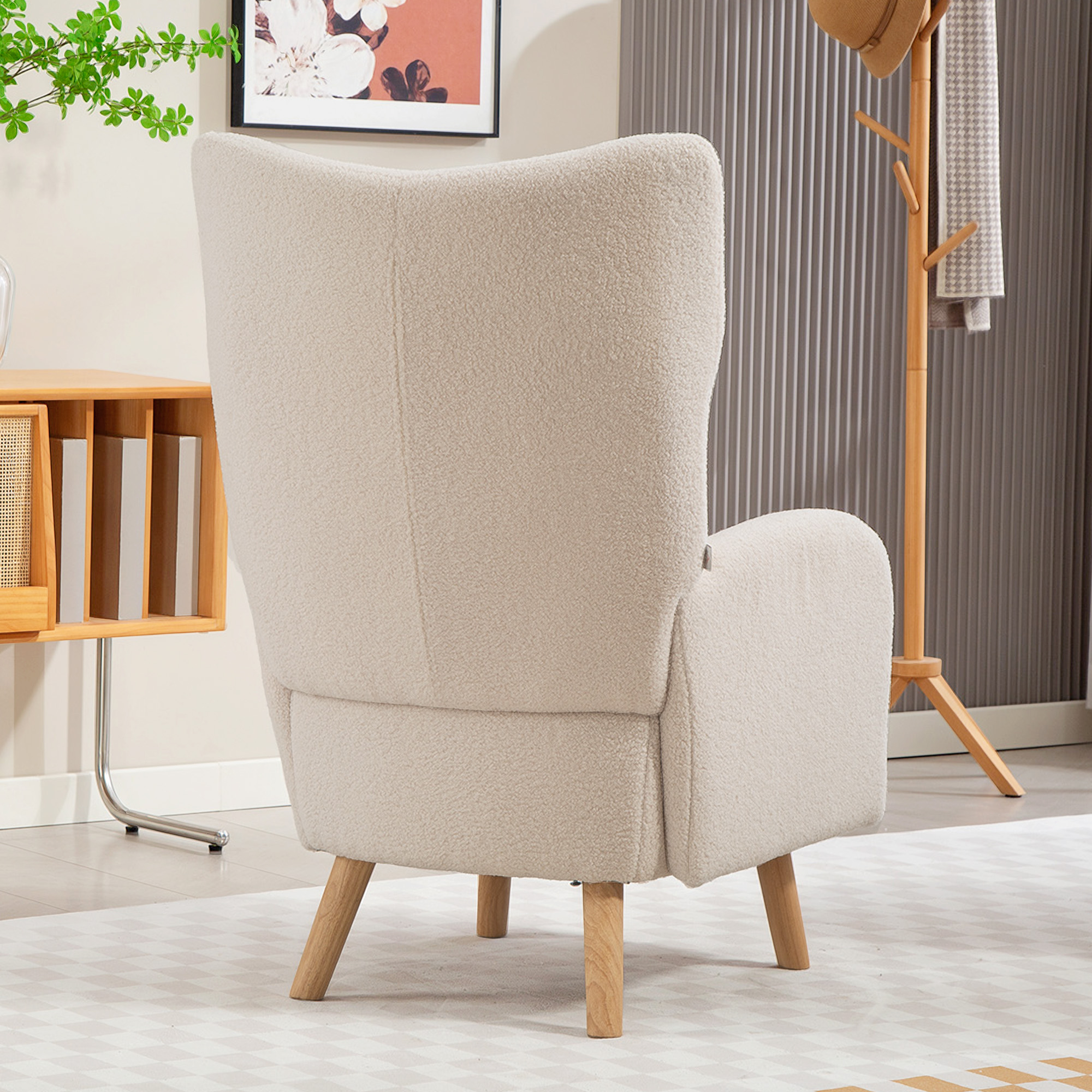 Akzentstuhl, Polstersessel mit Plüschbezug, Schaumstoffkissen, Ohrensessel, Beige