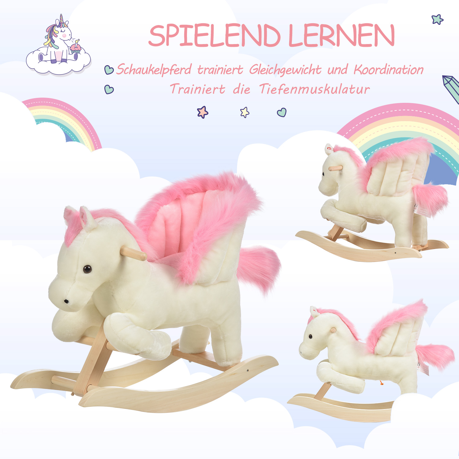 Schaukelpferd Schaukeltier mit Sound Effekt, Haltegriffen, Plüsch Baby Schaukelspielzeug Schaukel Schaukelsitz für Kleinkinder 1,5-3 Monate