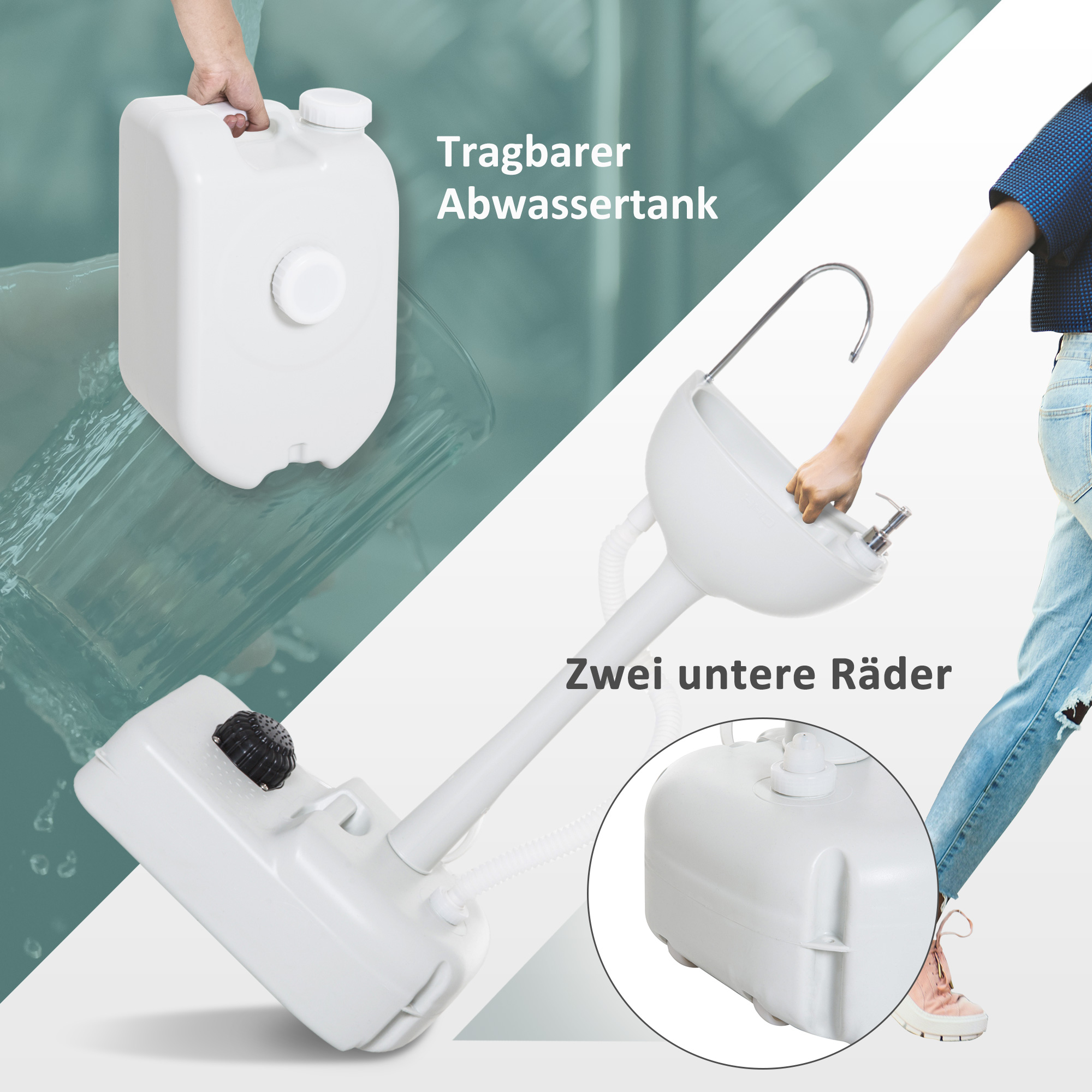 Camping-Waschbecken mit Auffangbehälter, Seifenspender, 17L Wassertank, mobil, hellgrau