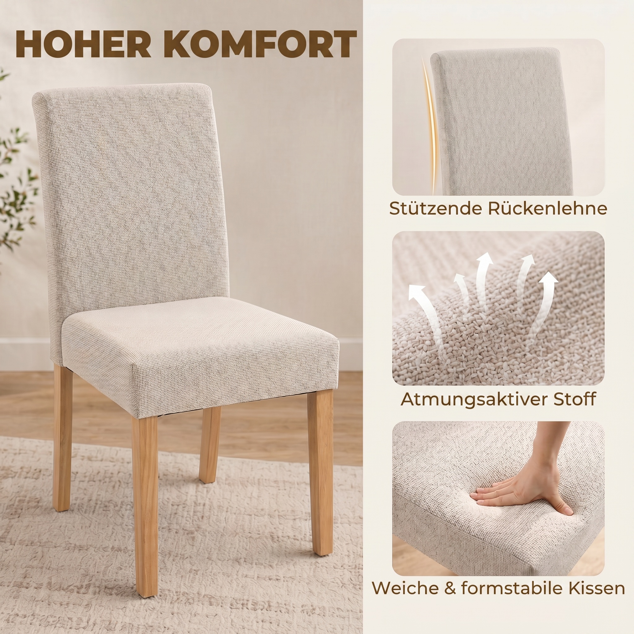 Esszimmerstühle im 2er-Set, moderne Leinen-Polsterstühle mit gepolstertem Sitz und Rückenlehne, Beine aus Kautschukholz