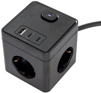 Steckdosen-Würfel mit USB 20W PD / USB-A /USB-C,3-fach, 1,5m Kabel, schwarz