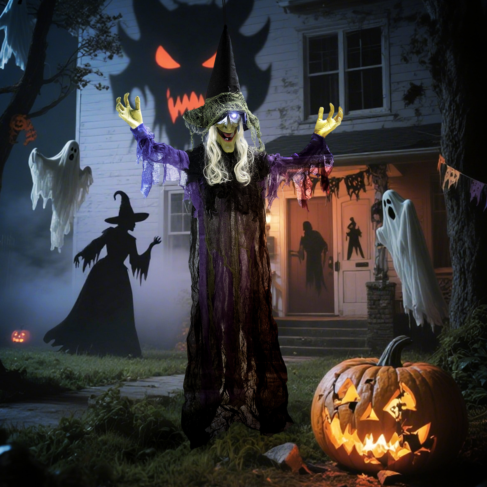 183cm Halloween Dekoration Hängende Halloween Hexe mit LED-Lichter, Soundfunktion verstellbare Arme, Mund
