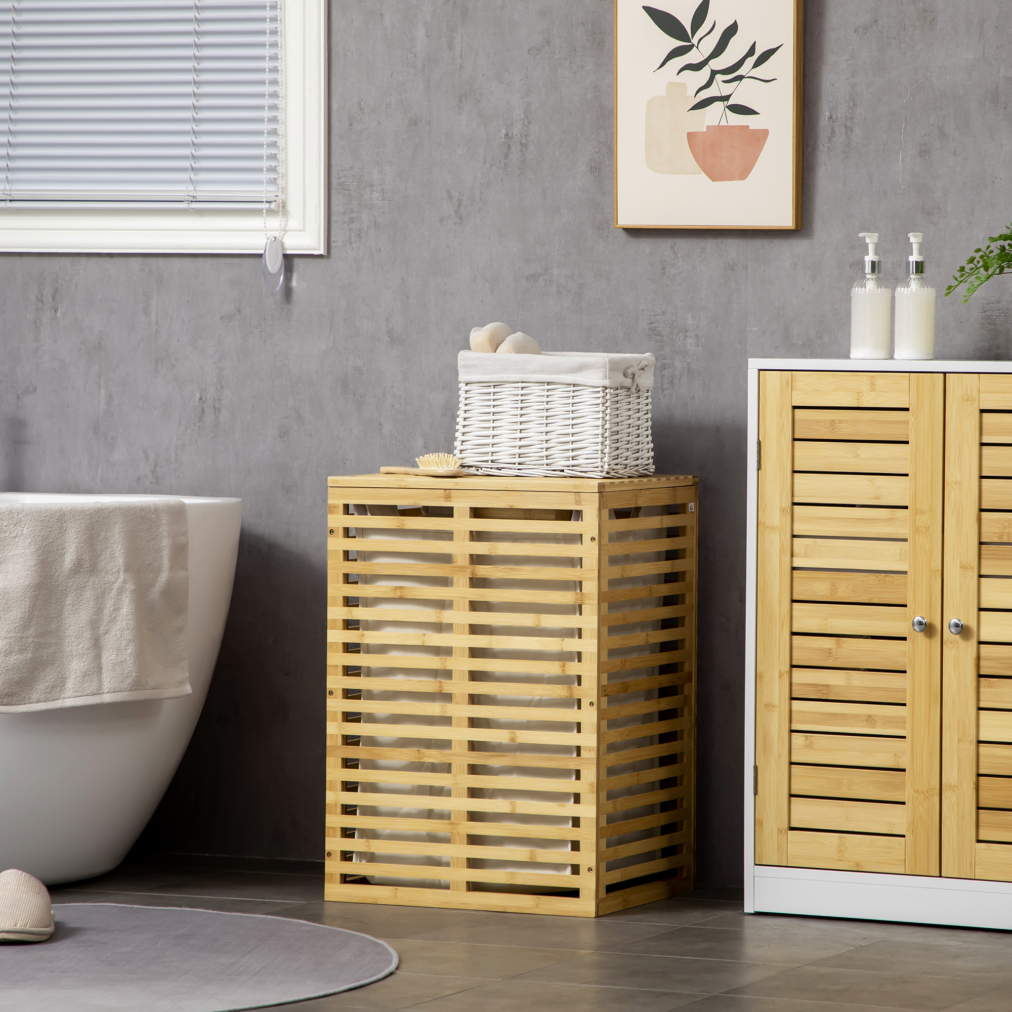 Bambus Wäschekorb mit 63 L Wäschesammler mit Deckel Wäschesack, Stange 44 x 37 x 62,5 cm Naturholz