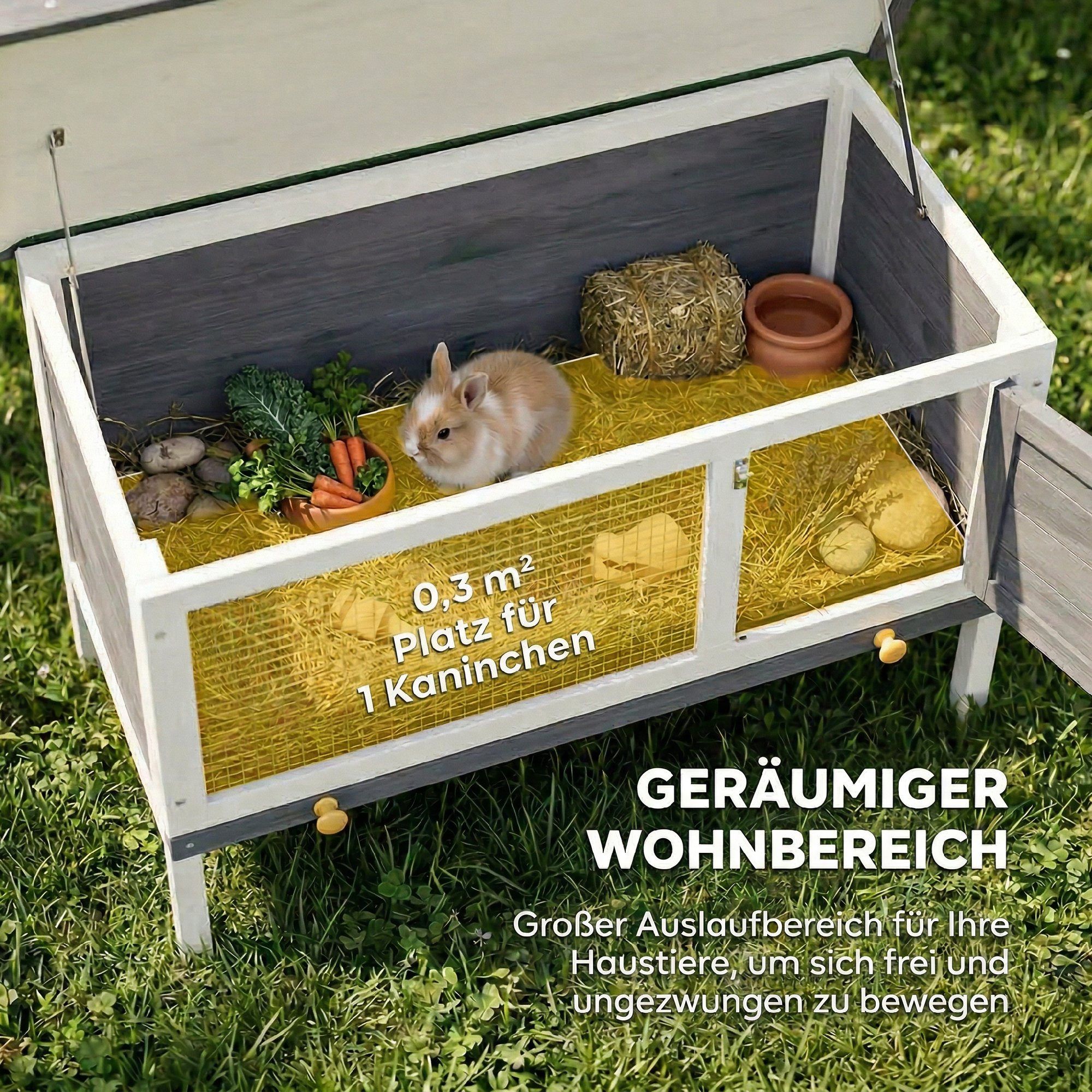 Hasenstall erhöhter Kaninchenstall aus Holz mit aufklappbar Bitumendach herausziehbarer Schublade 90x45x65 cm Grau