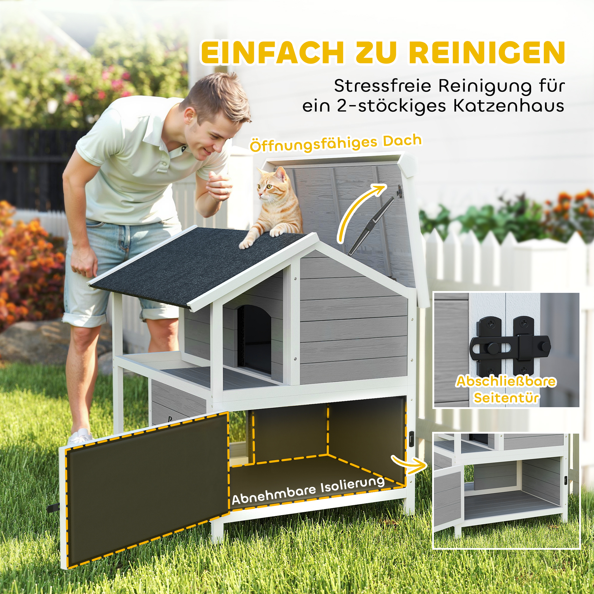 Outdoor-Katzenhaus, Katzenzuflucht für den Außenbereich, wasserfest, aufklappbares Dach, Fichtenholz, 80 x 93 x 95, Grau