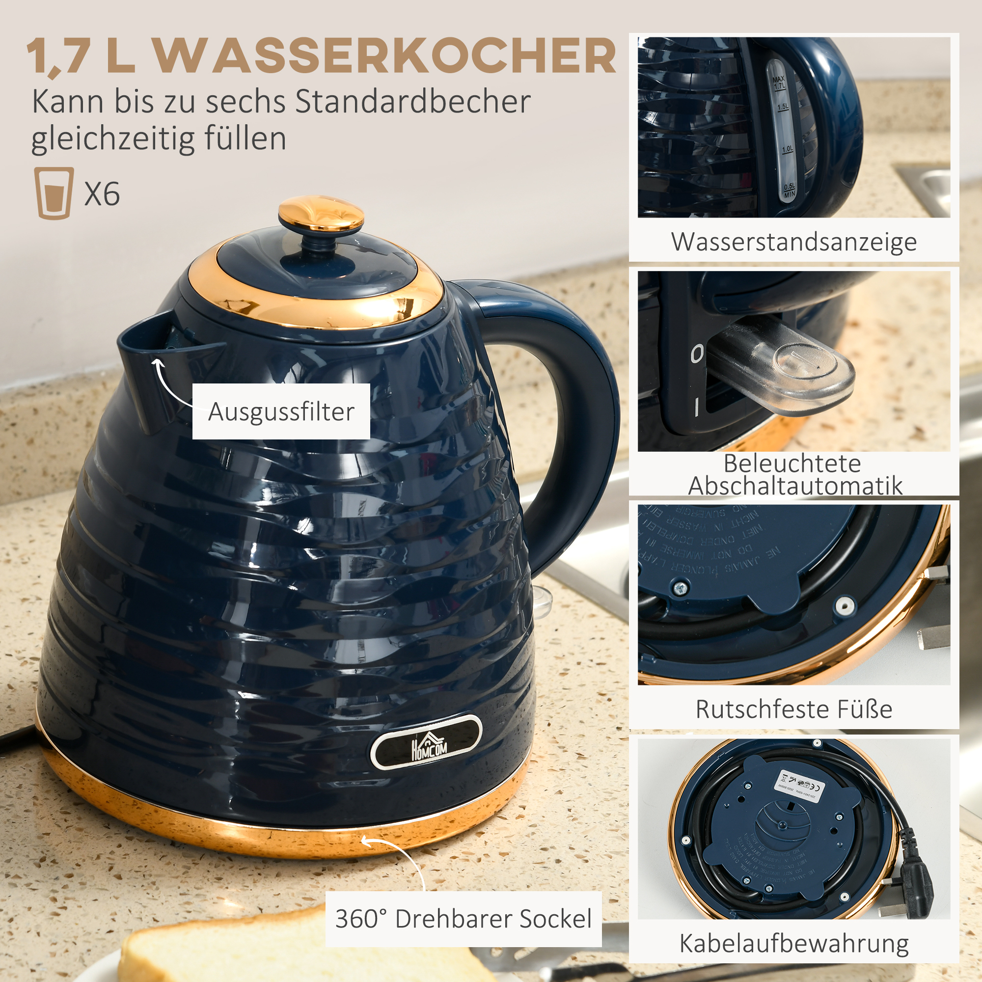 2-in-1 Toaster- und Wasserkocher-Set, 7 Bräunungsstufen, Auftau- und Aufwärmfunktion, Blau