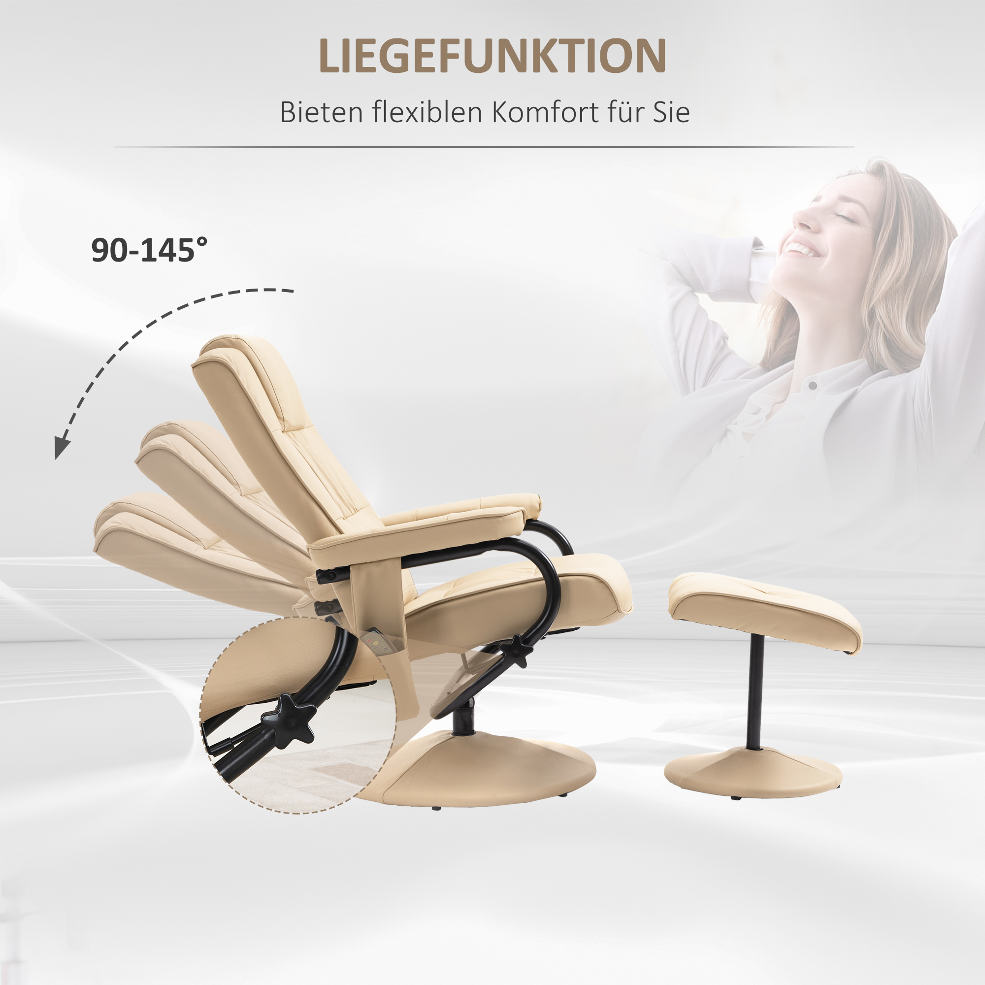 Massagesessel mit Hocker, Drehbares Relaxsessel mit Massagefunktion, Fernsehsessel mit Liegefunktion, Fernbedienung für Wohnzimmer, Kunstleder, Creme