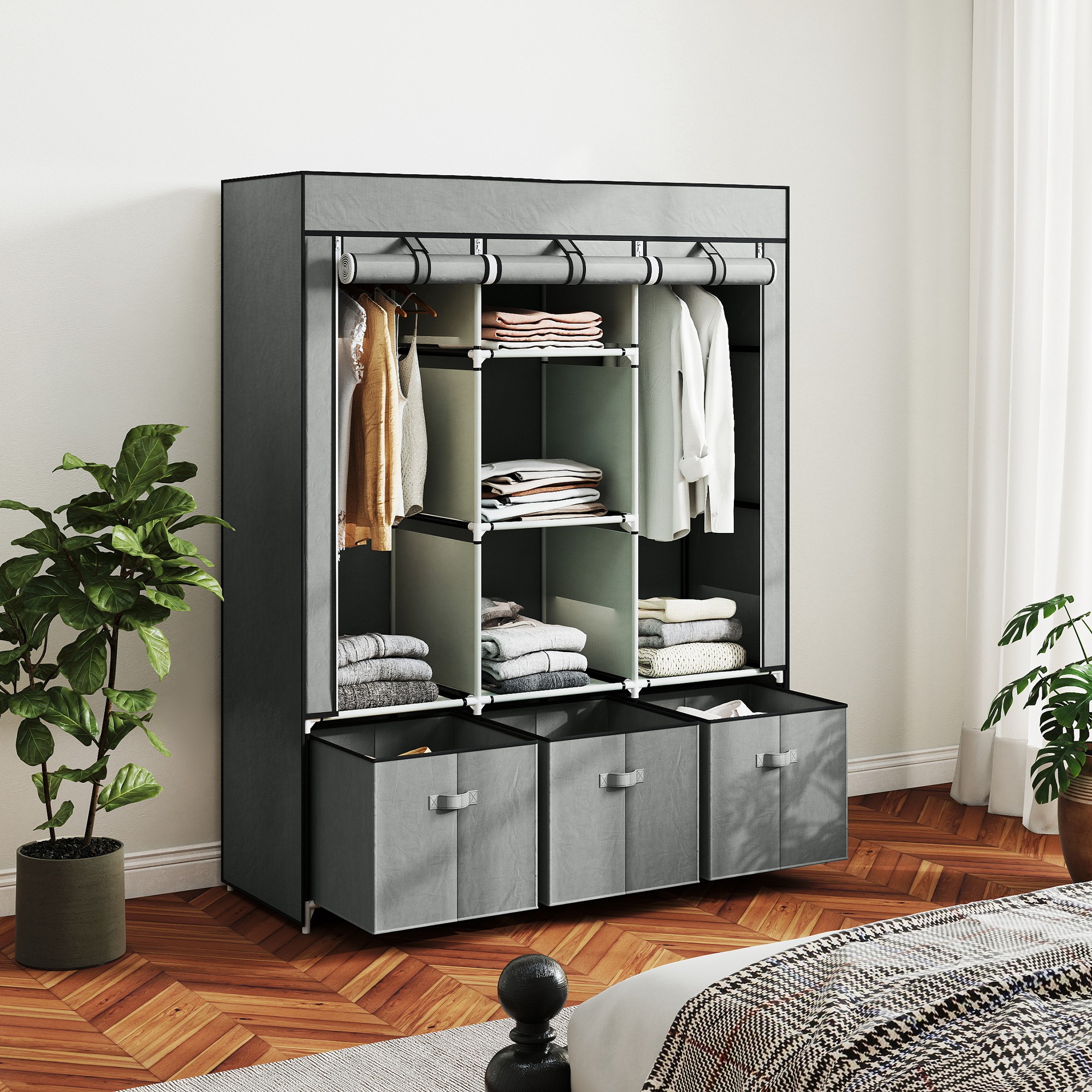Stoffschrank aus Vlies, Faltschrank, inkl. 3 Schubladen, 125 cm x 43 cm x 162,5 cm, Hellgrau