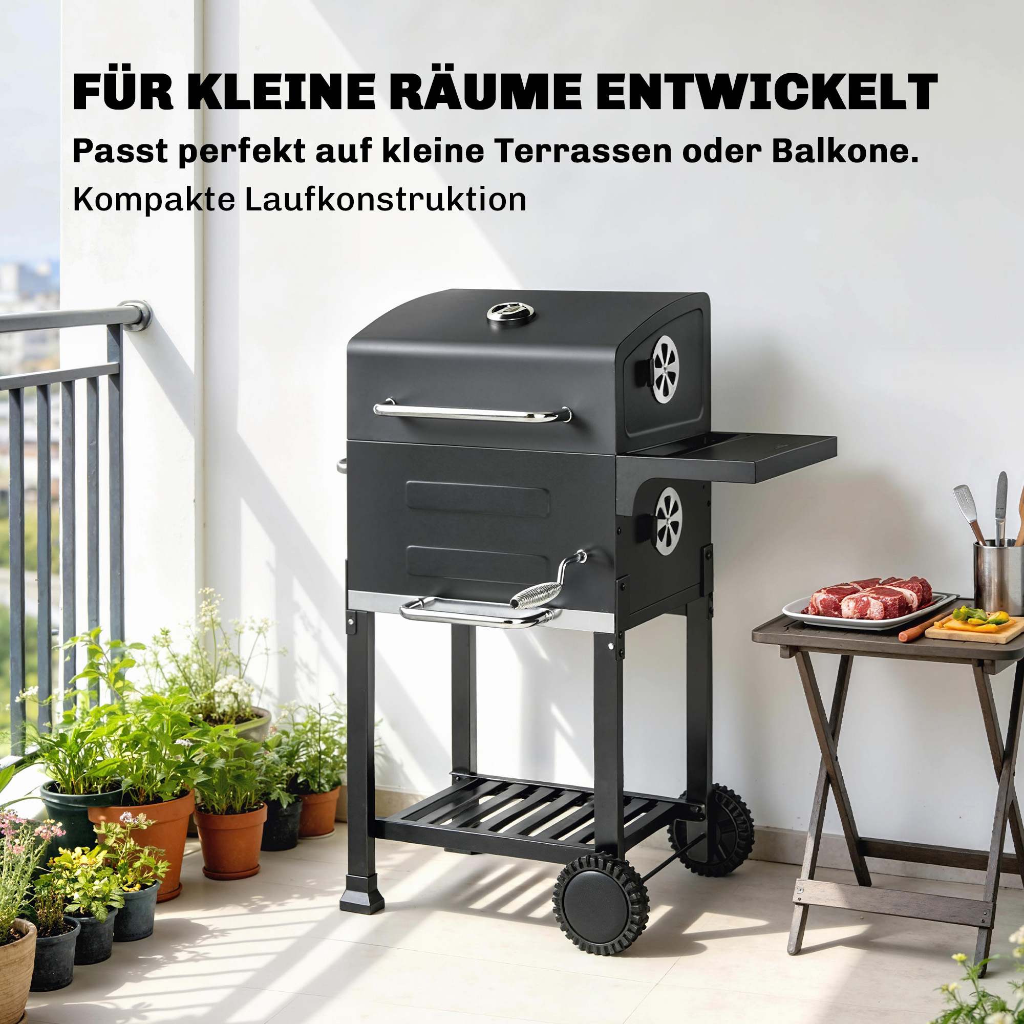 Holzkohlegrill Kompakt Grillwagen mit Deckel Thermometer Grillrost Seitentisch Aschefach Lüftungsschlitzen