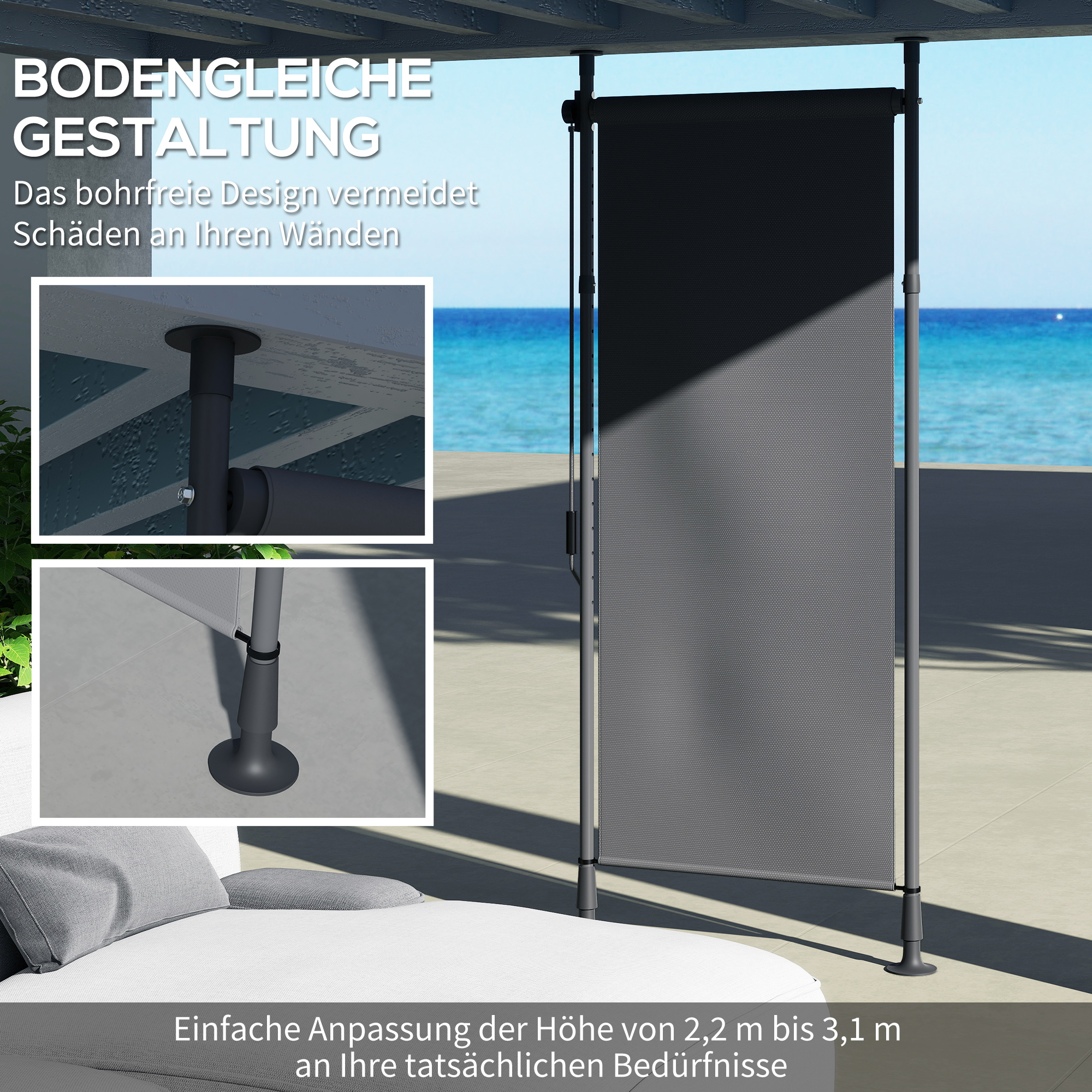 freistehende Markise, verstellbare Länge, Montage ohne Bohren, Aluminiumrahmen, 1,2 x 2,2-3,1 m, Dunkelgrau