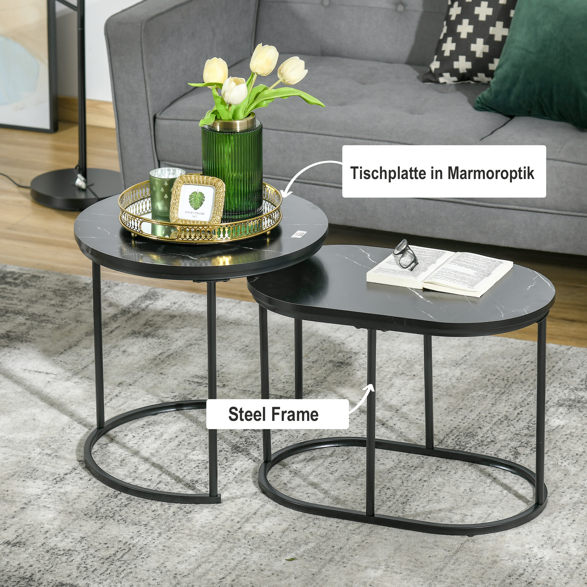 2er-Set Couchtisch, Ovaler und runder Kaffeetisch, stapelbar, Marmoroptik, MDF, Metall, Ø50 x 50,5H cm, Schwarz
