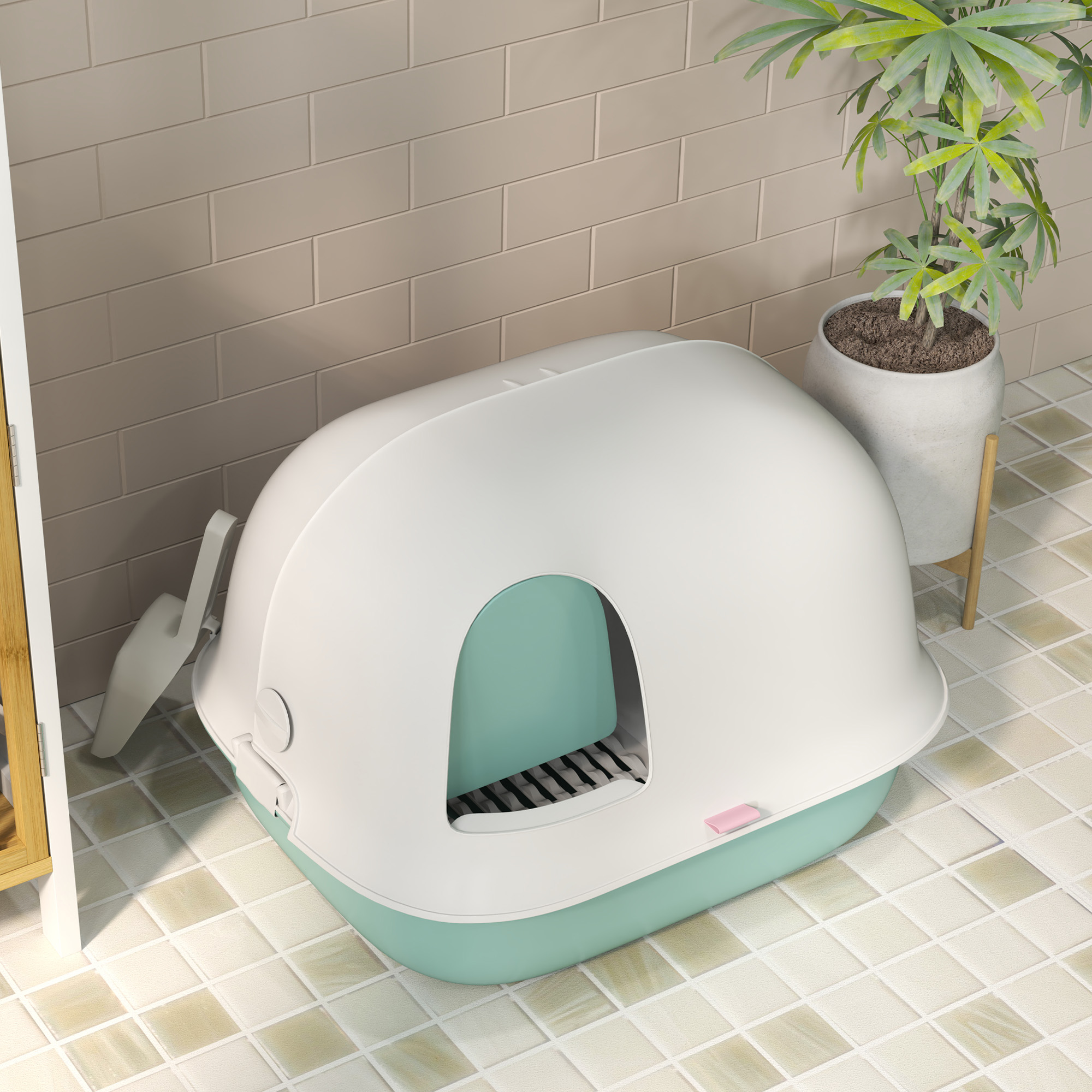 Katzentoilette mit Deckel, Katzenklo mit internem Kanal, Tür, Schaufel, leicht zu reinigen, Kunststoff, Grün
