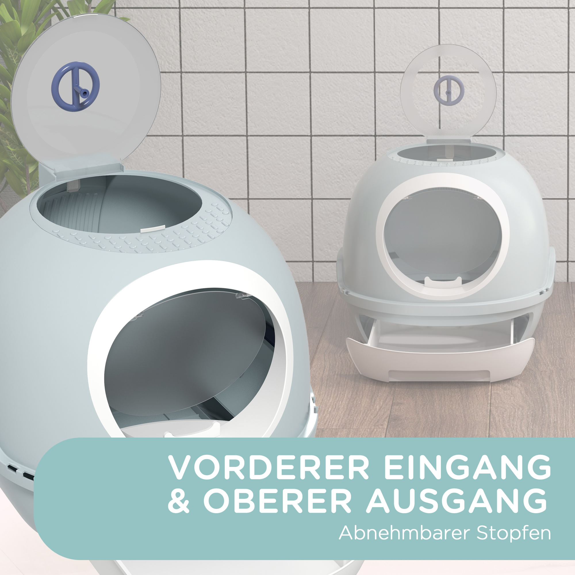 Katzentoilette mit Dachfenster, Katzenklo mit Bodenschale, mit Schaufel, Tragbar, PP ABS, See-Blau, 47 x 55 x 44 cm