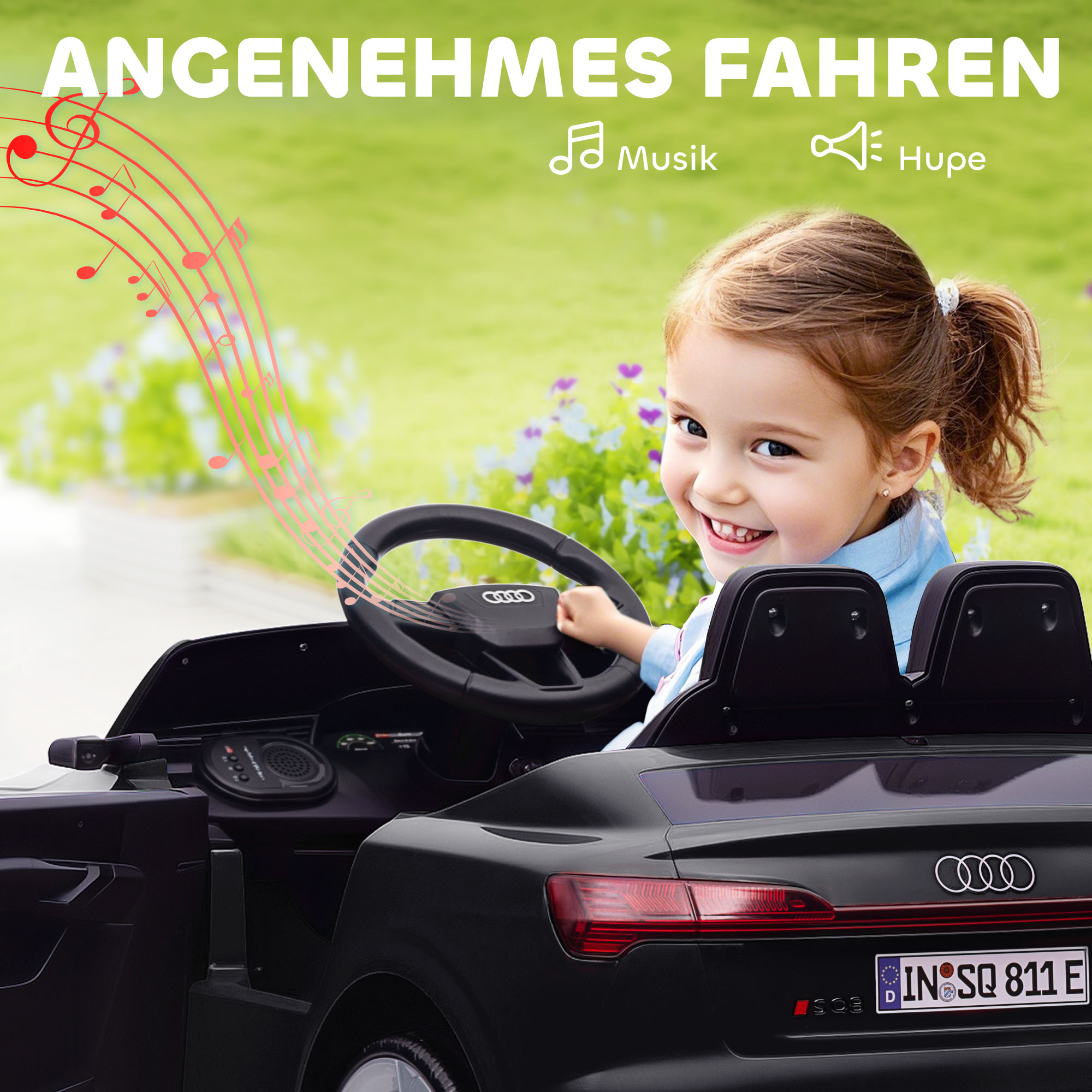Elektro-Kinderauto, 12V Audi Q8, 3-5 km/h, Fernsteuerung, Scheinwerfer, Musik, Schwarz