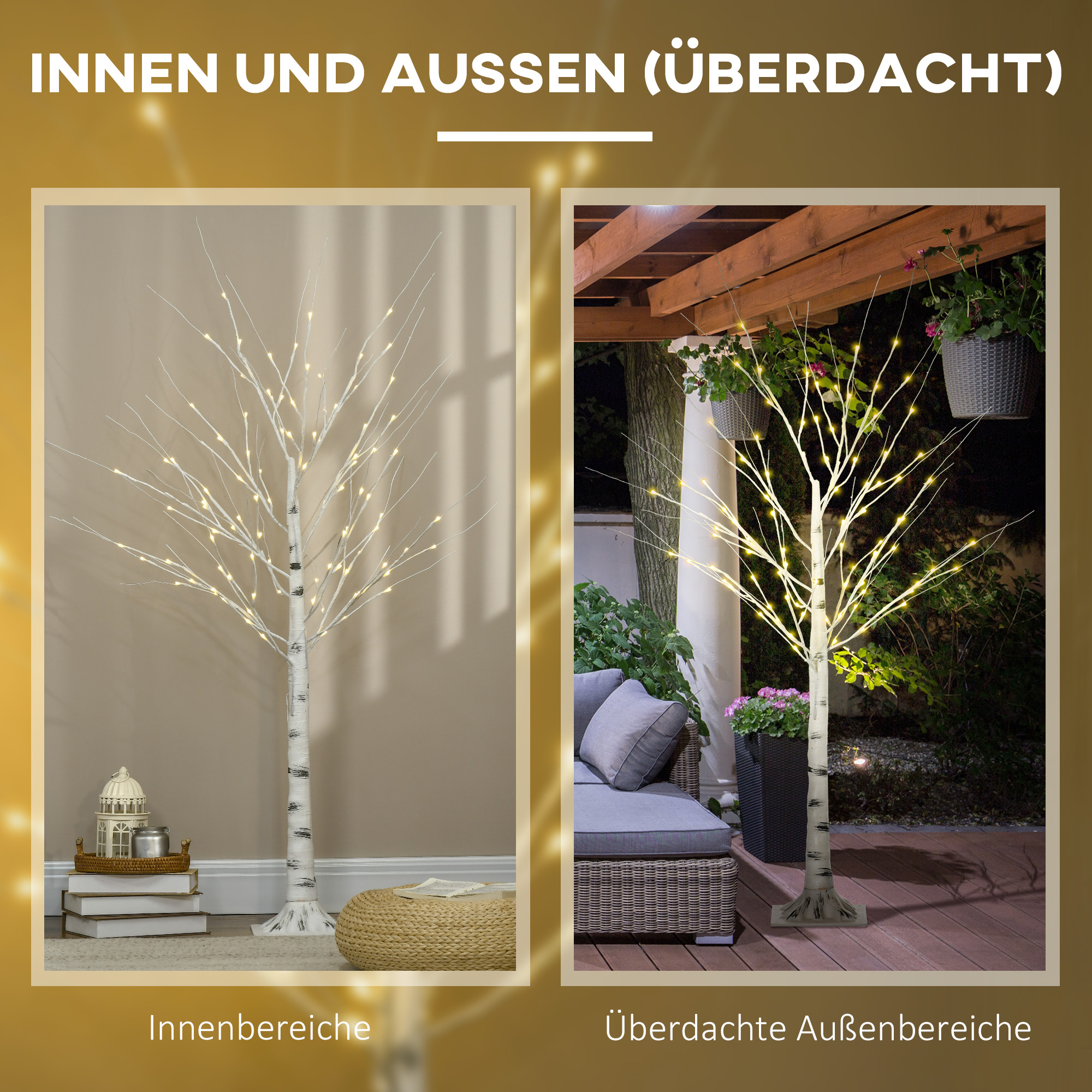 Künstliche Birke mit LEDs, biegsame Äste, Kunststoff und Metall, 150 cm, Weiß