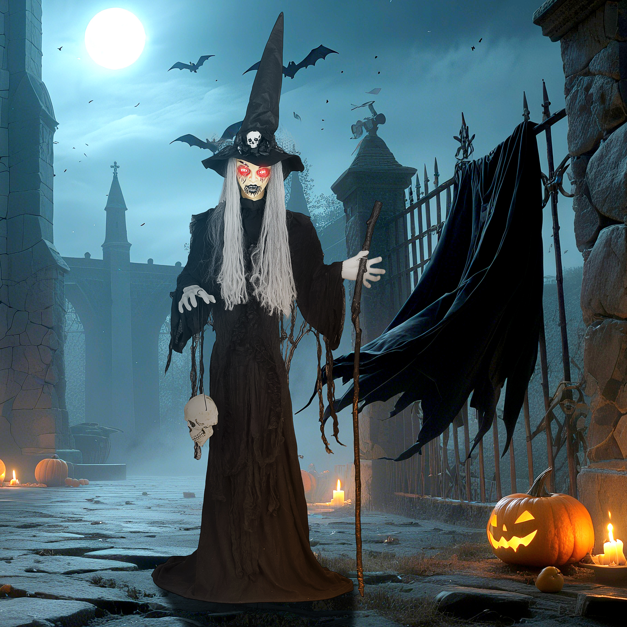 170 cm Halloween Dekoration Halloween Hexe mit LED-Lichter, Soundfunktion verstellbare Arme, Kopf