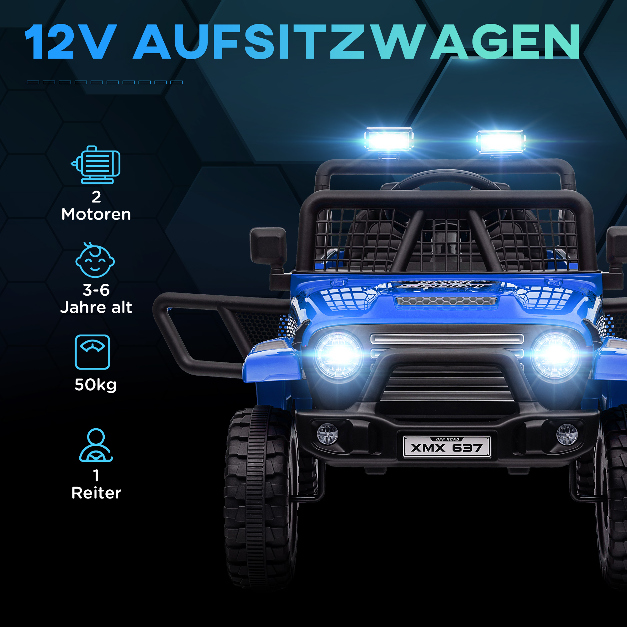 Kinder-Elektroauto mit sanfter Federung, fernsteuerbar, LED-Lichter, Hupe, 12V-Motoren, aus Kunststoff und Metall, Blau