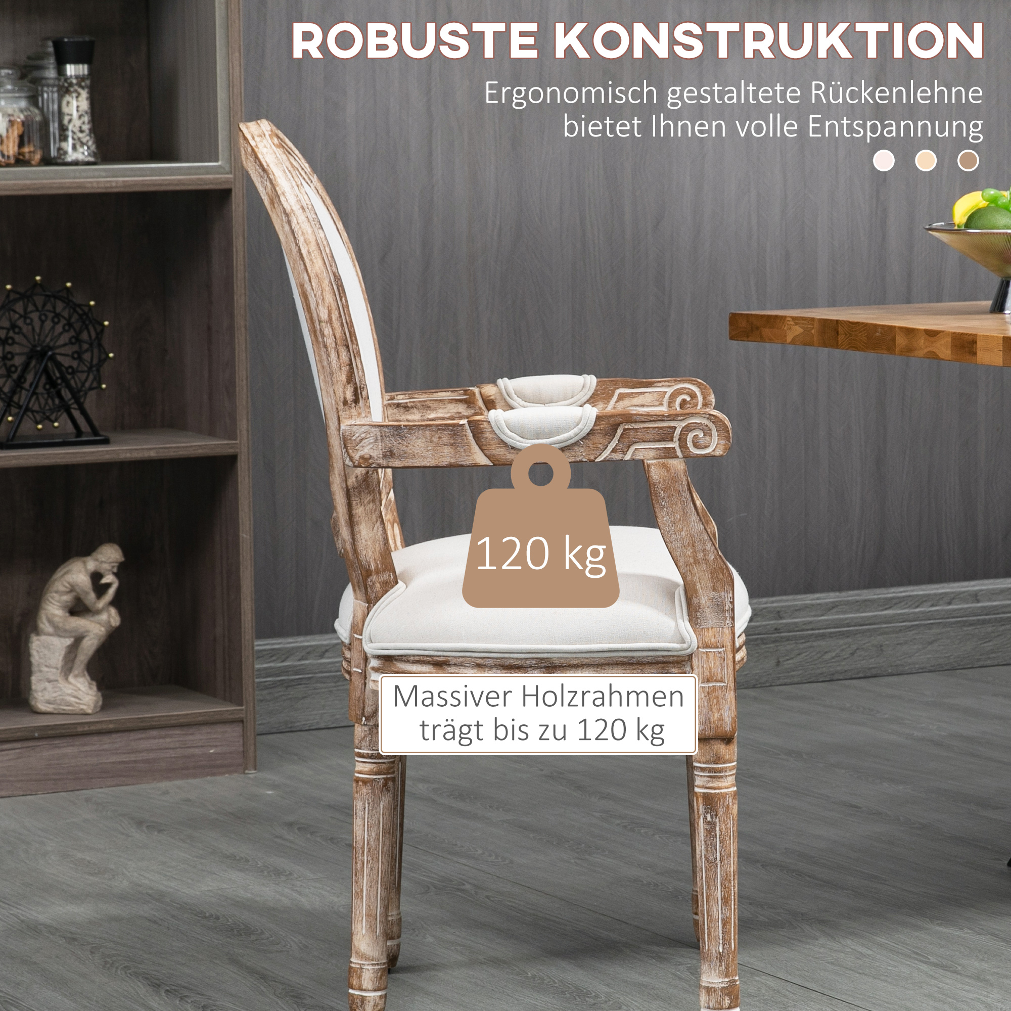 Küchenstuhl mit Armlehnen Polsterstuhl Esszimmerstuhl Retro-Design im Leinen-Optik für Wohnzimmer Gummiholz Cremeweiß+ helle Holzfarbe 56 x 56 x 96 cm
