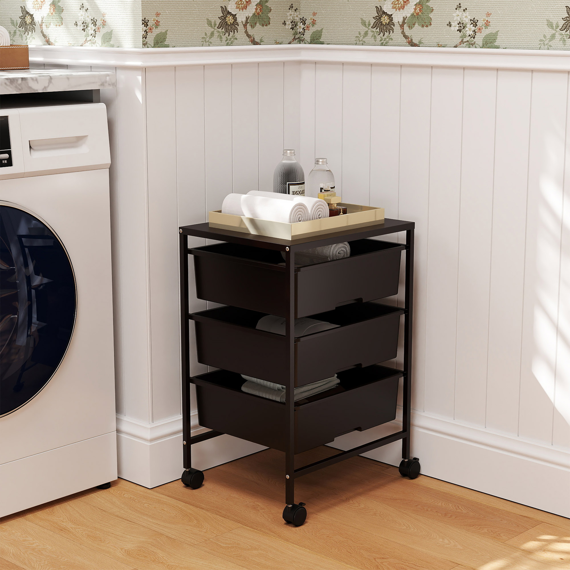 Beistellwagen mit Rädern, 3 Körbe für Transport und Aufbewahrung, Küchenwagen, 40,8L x 33,5B x 60,5H cm, Schwarz