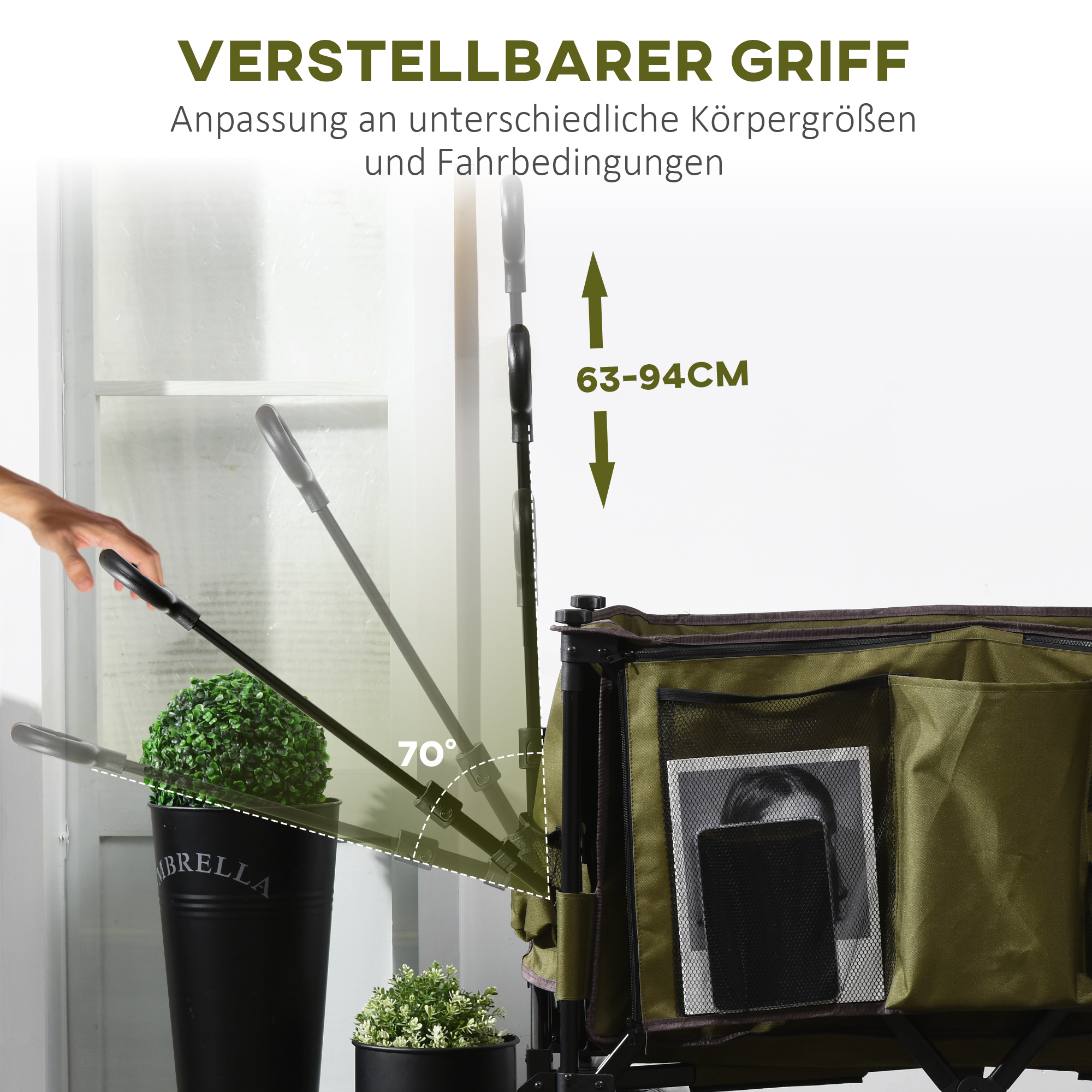 Bollerwagen, klappbar, 7 Seitentaschen, verstellbarer Griff, bis 120 kg, Stahl, grün, 100 x 48 x 100,5 cm
