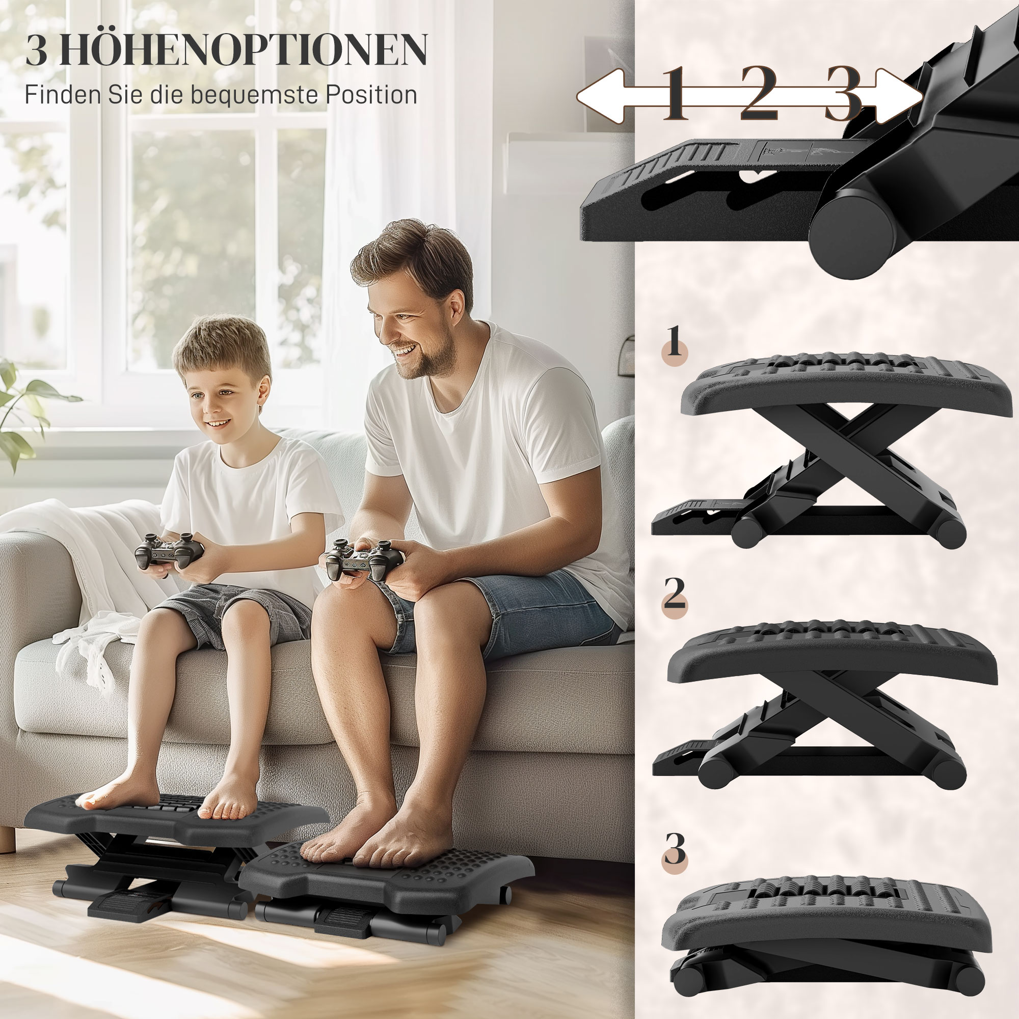 Ergonomische Fußstütze, höhenverstellbar, Massagefläche mit Rollen, Schwarz, 46 x 35 cm